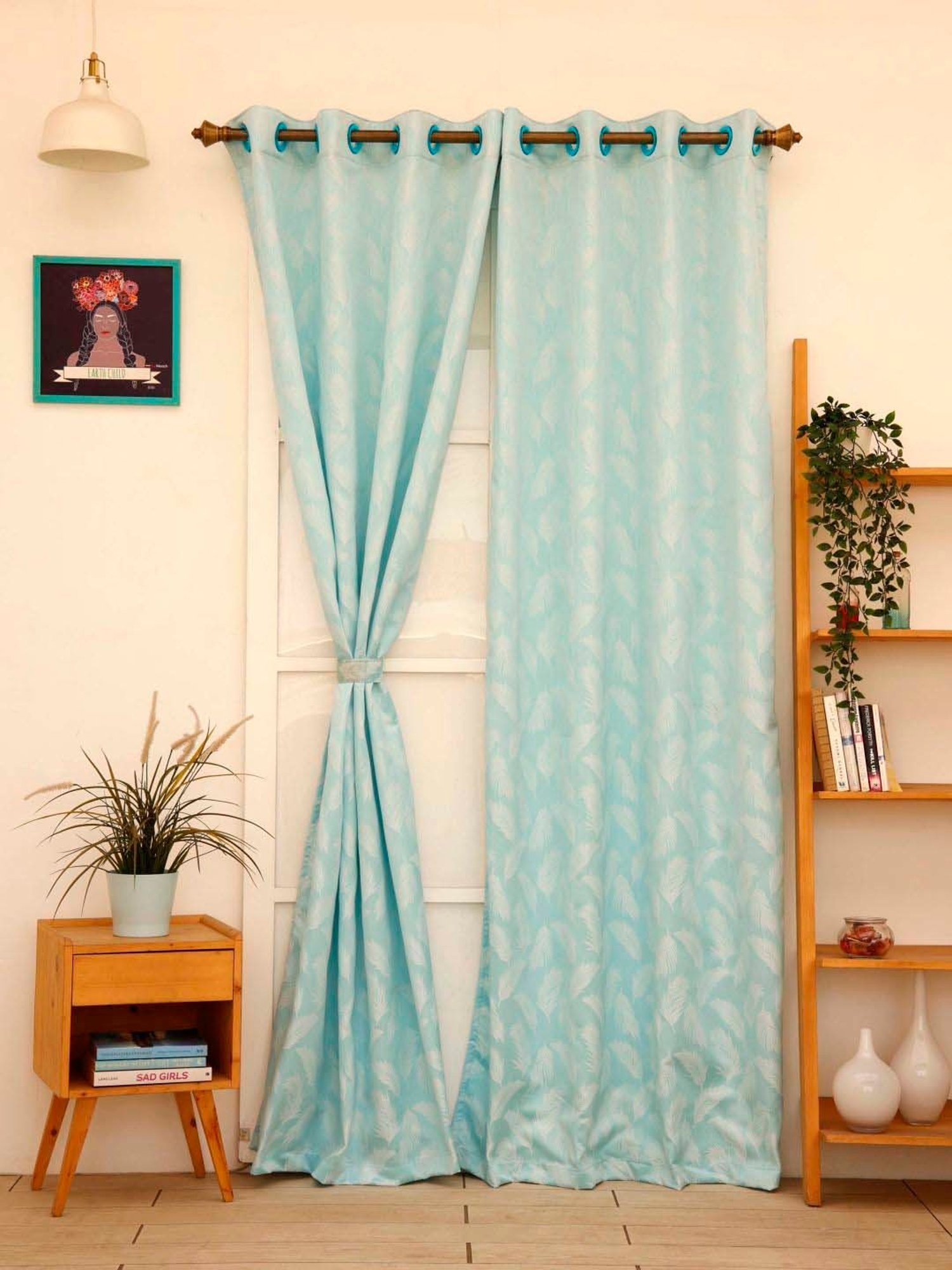 Ariana Aqua & White Polyester 7 Ft. Door Curtain