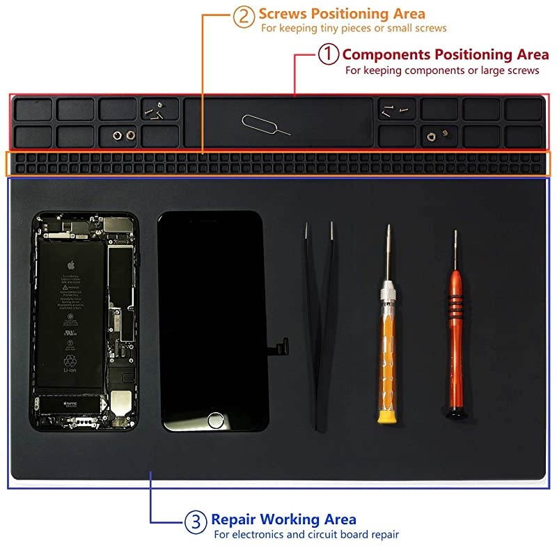 Mat, Premium Magnetic Silicone Repair Mat, Heat Resistant 932&deg;F Electronics Mat for Cellphone, Laptop, Computer, Solder Station Repair 13.8''x9.8'' Black