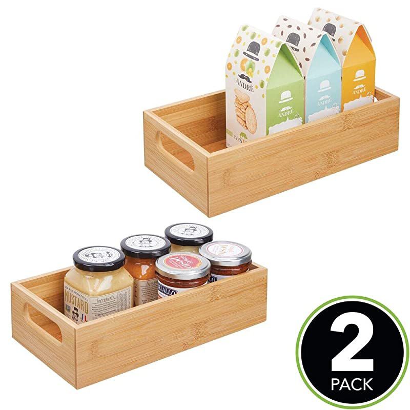 Bamboo Wood Compact Food Storage Bin with Handle for Kitchen Cabinet Pantry Shelf to Organize Seasoning Packets Powder Mixes Spices Packaged Snacks 2 Pack Natural