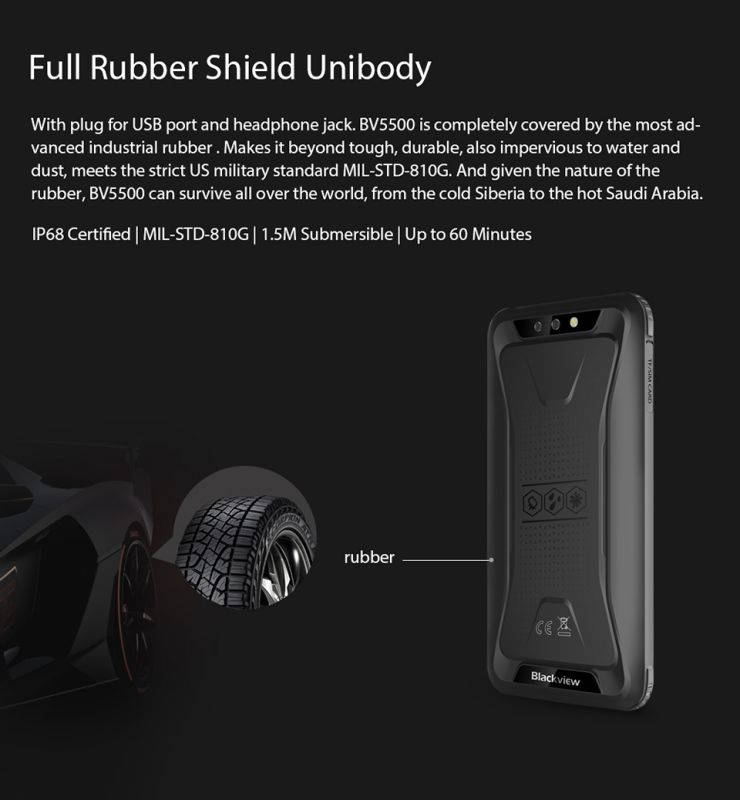 BV5500 IP68 Waterproof Mobile Phone Dual SIM Rugged Smartphone MTK6580P 3GB+16GB 5.5" 18:9 Screen 4400mAh Android 8.1
