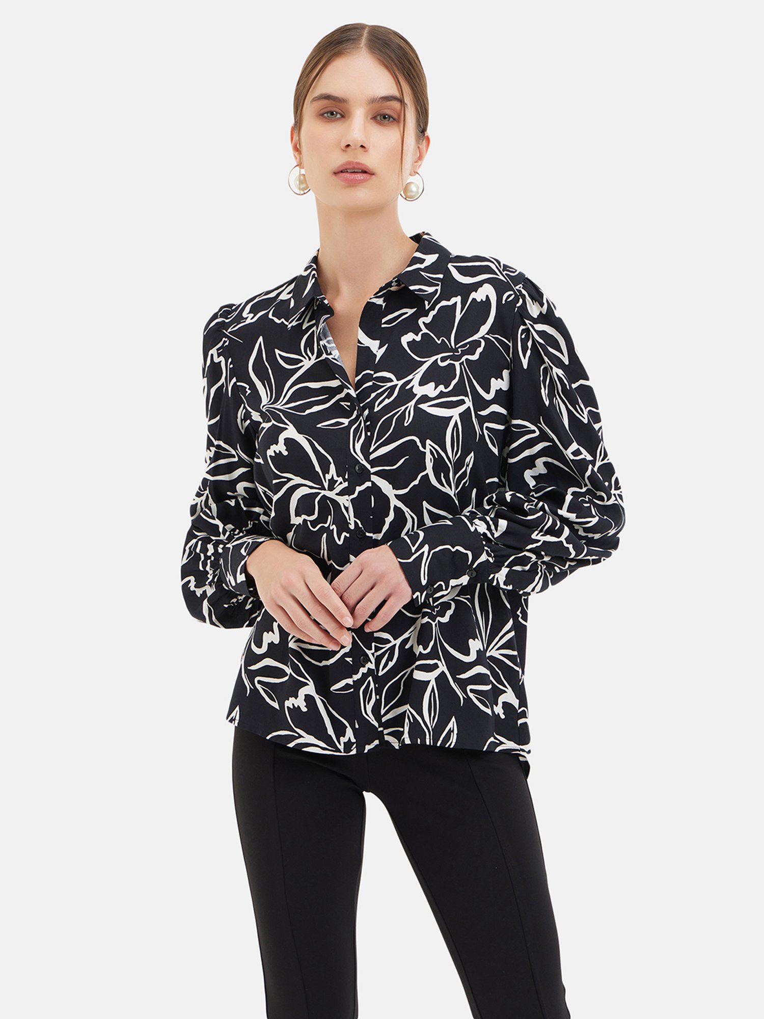 Kazo Black & White Viscose Floral Print Shirt