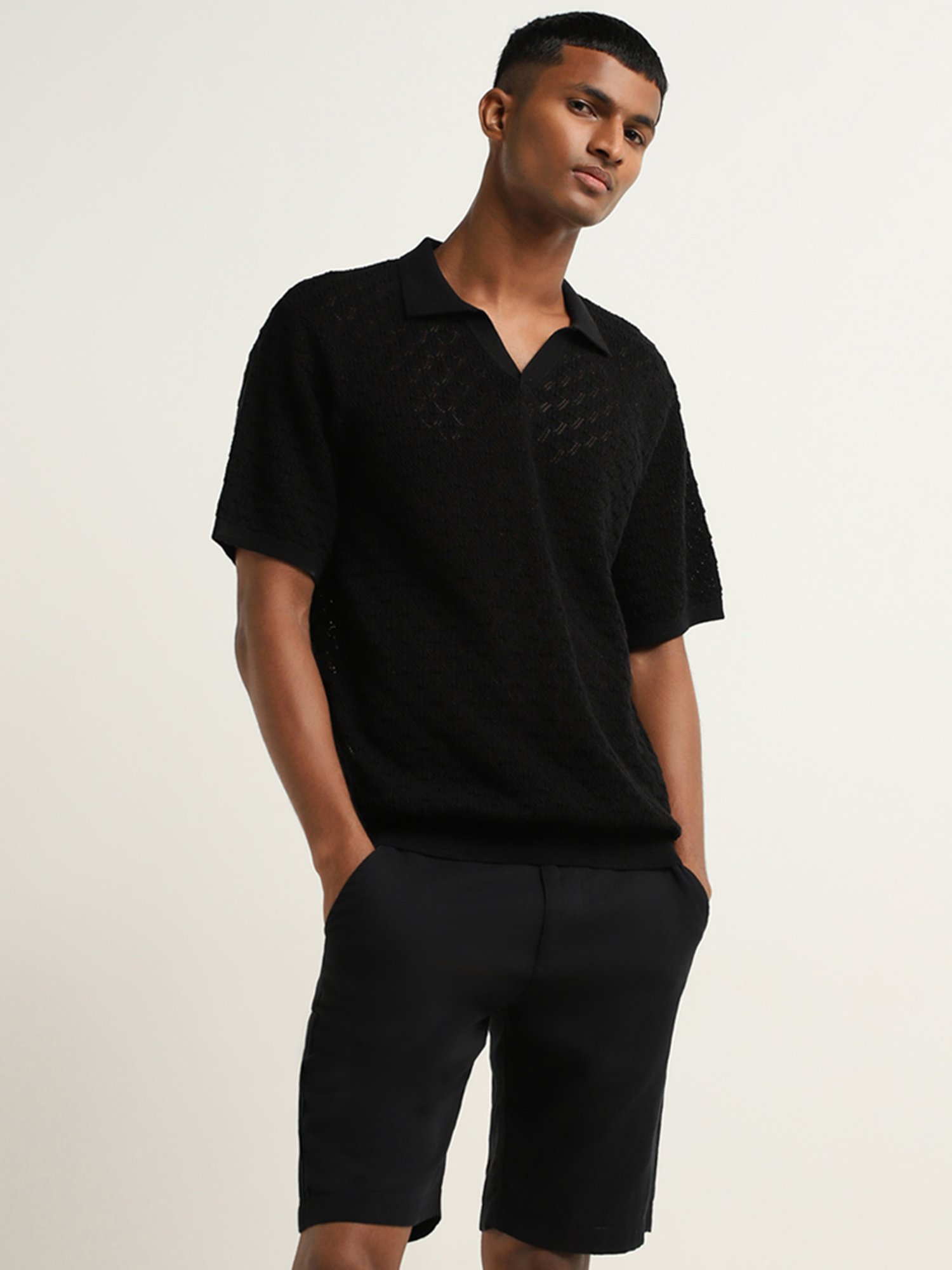 ETA by Westside Black Relaxed Fit Knit Textured T-Shirt
