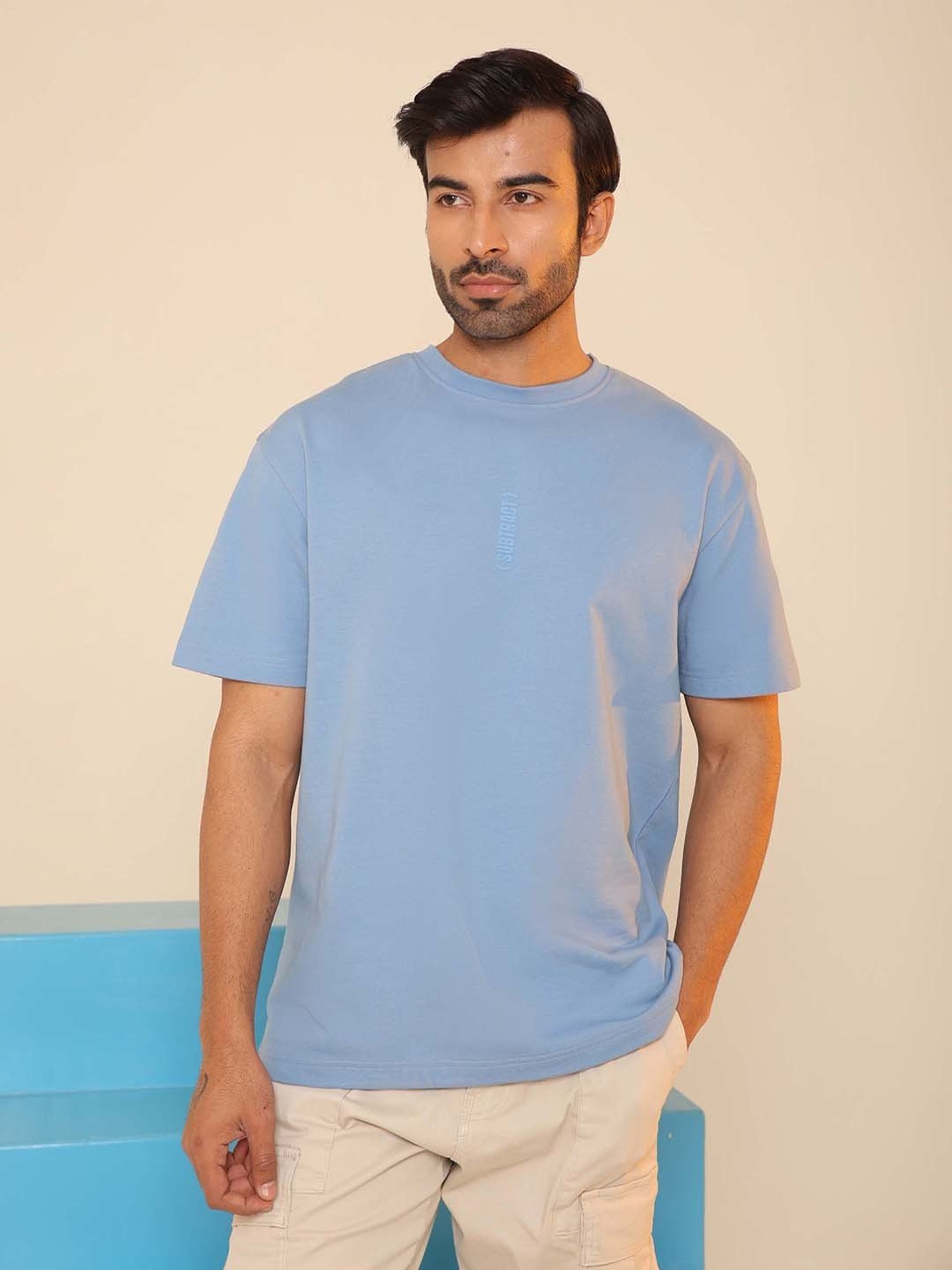 SUBTRACT Frost Blue Regular Fit Cotton Oversized Crew T-Shirt