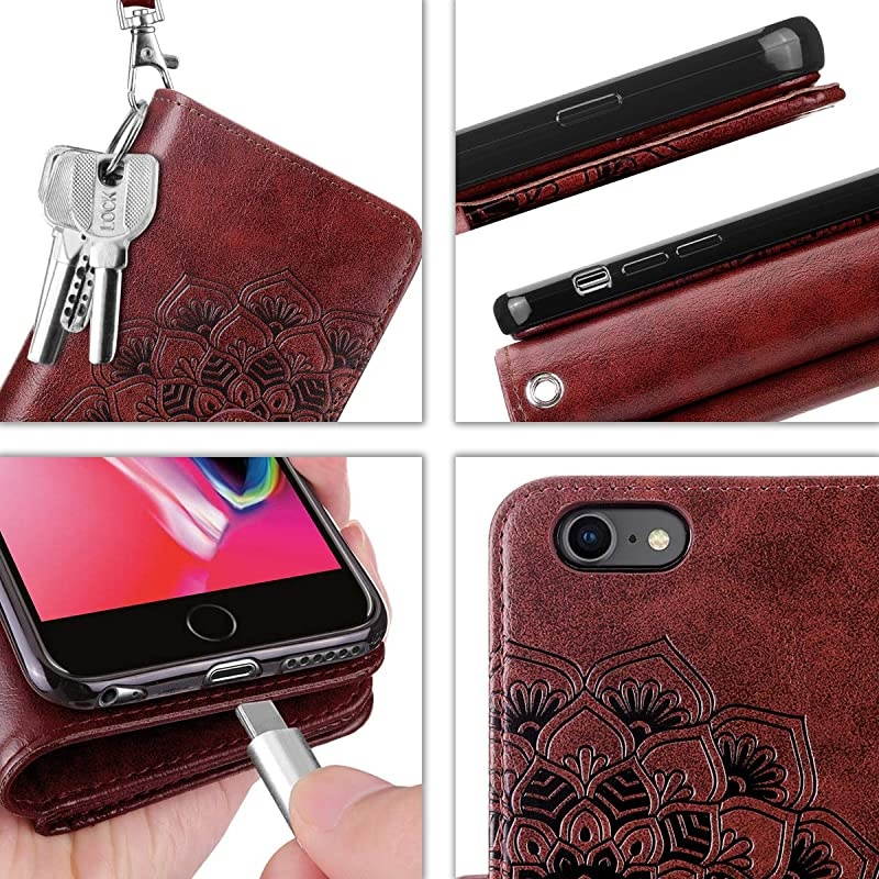 2in1 Case for iPhone 6S Plus Case iPhone 6 Plus Wallet Card Holder Detachable Flip Cover Magnetic Folio PU Leather Protective Slim Shell Wrist Strap for iPhone 6 Plus 6S Plus Mandala Red