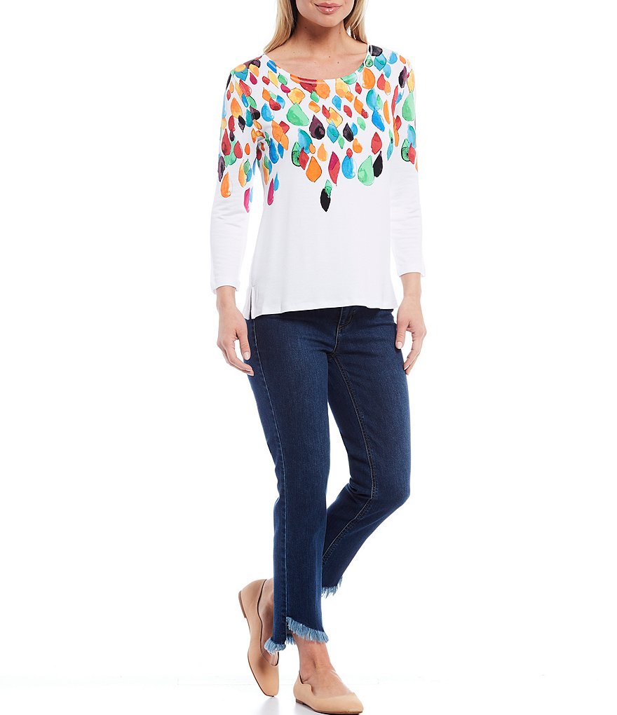 Multiples Straight Leg Embroidered Asymmetrical Fringe Ankle Jeans