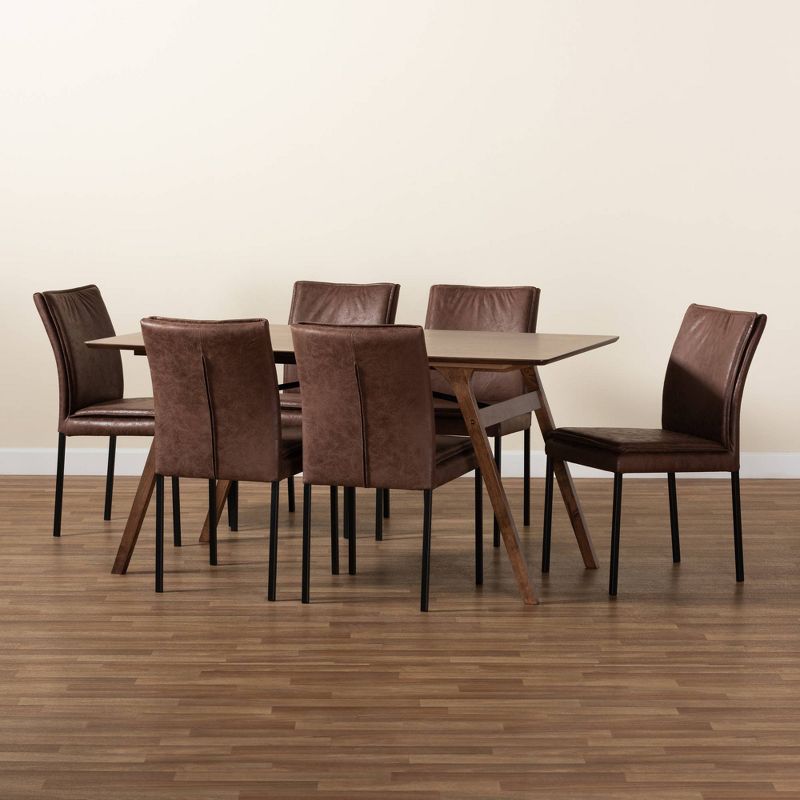 7pc Gerard Fabric and Metal with Wood Dining Set Brown/Black/Walnut Brown - Baxton Studio