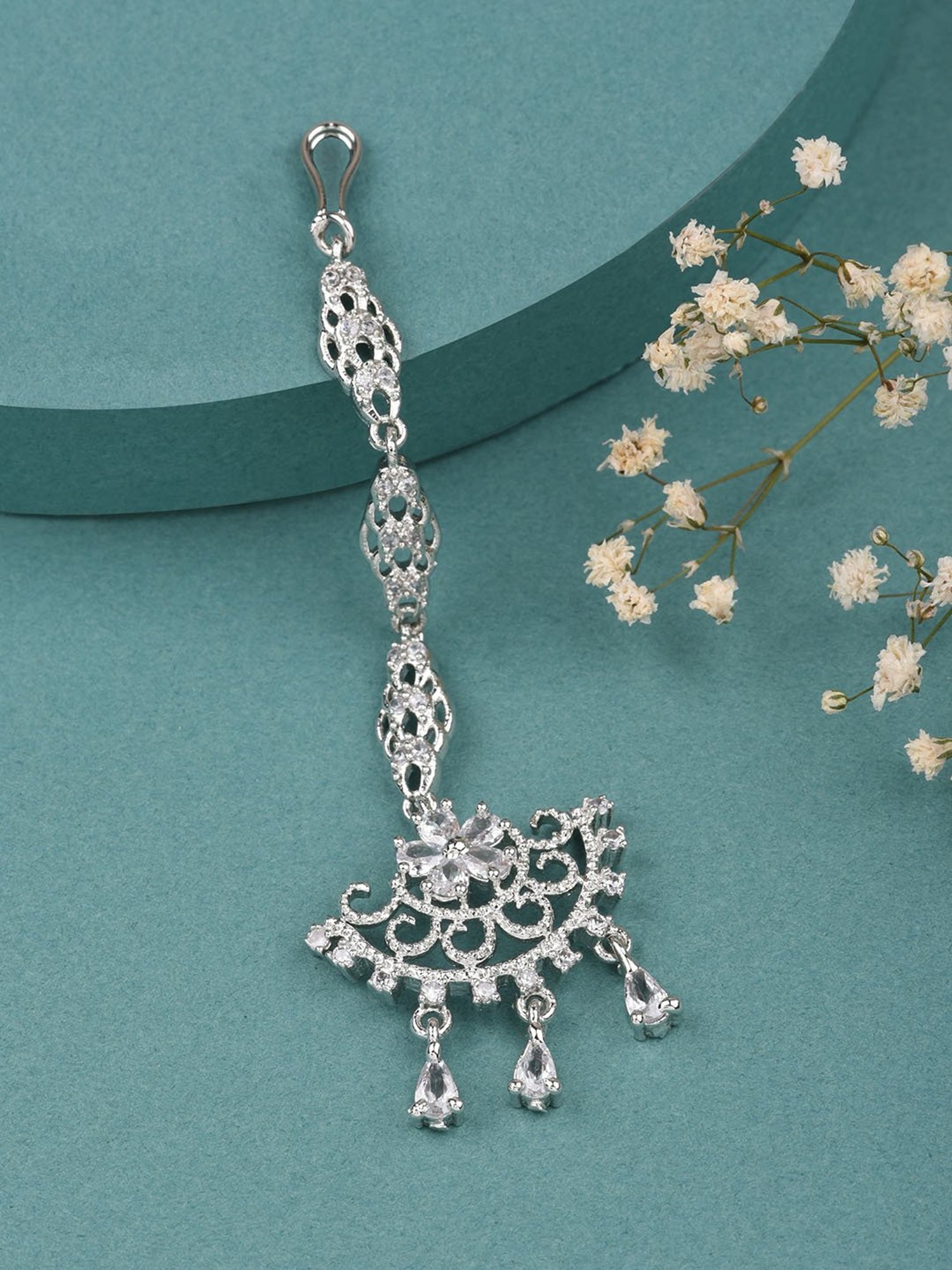 Fida American Diamond Silver-Plated Floral Maangtikka for Women