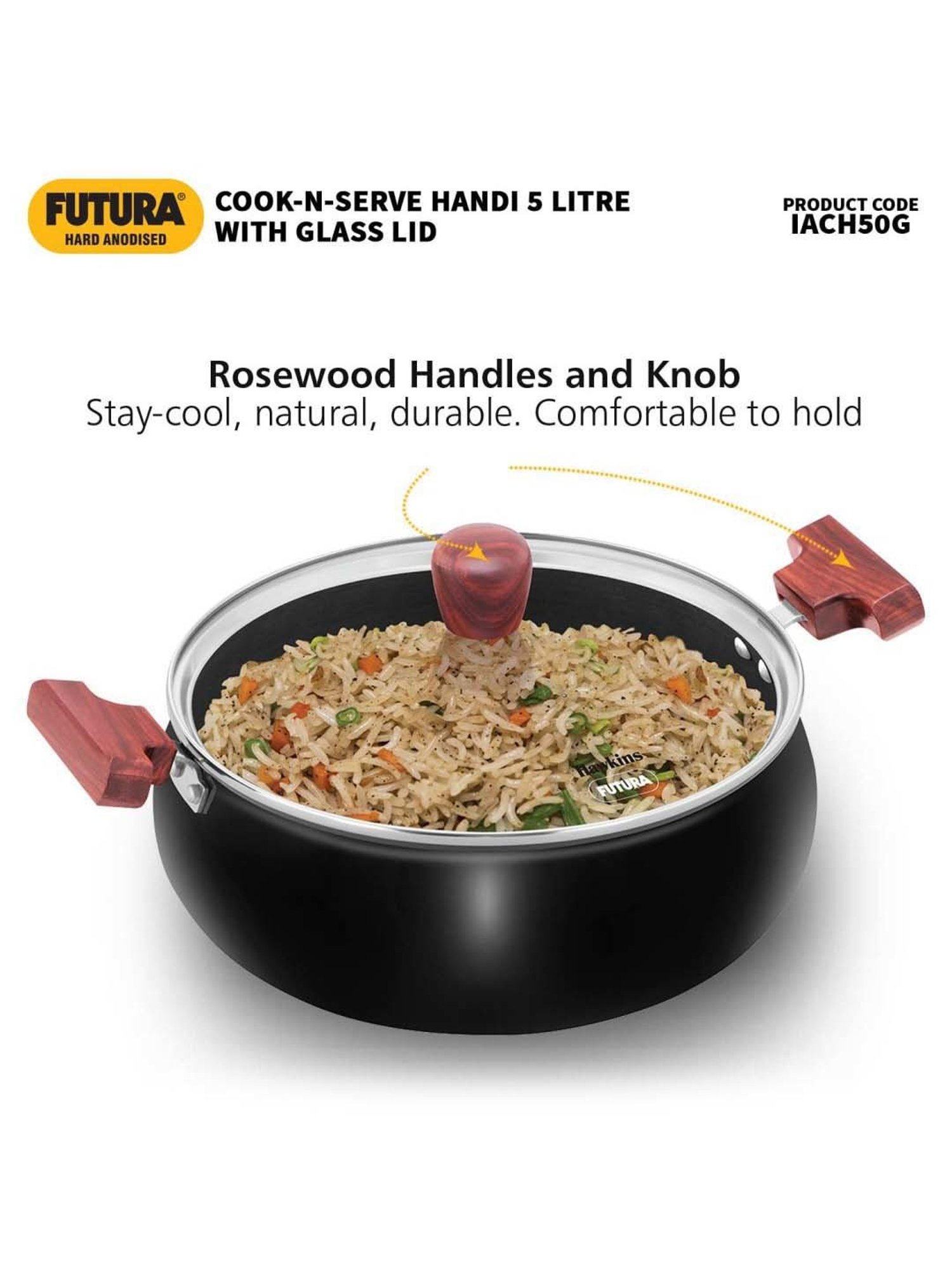 Hawkins Black Aluminium Induction Futura Hard Anodised Biryani Handi Pan With Glass Lid (5 L)