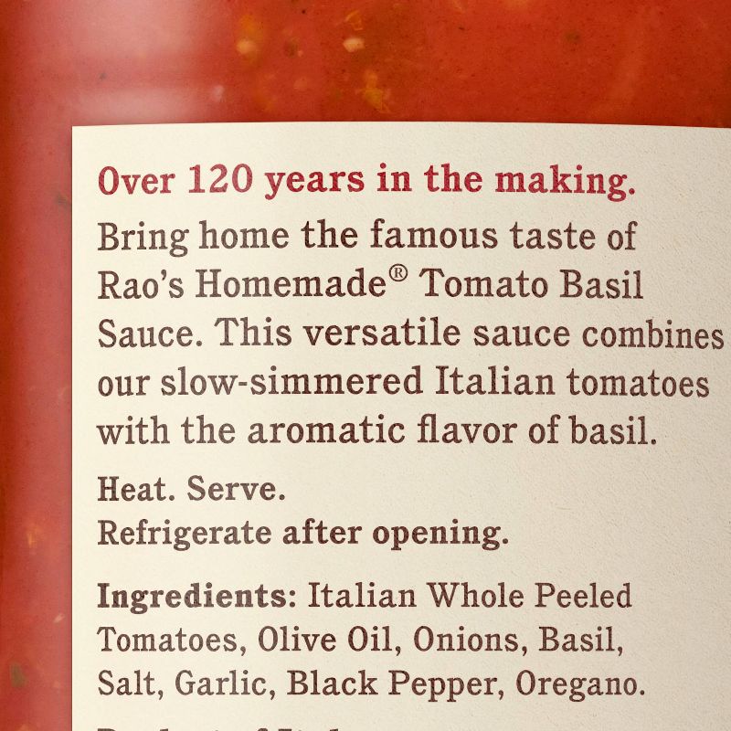 Rao's Homemade Tomato Basil Pasta Sauce Premium Quality All Natural Tomato Sauce & Pasta Sauce Keto Friendly & Carb Conscious - 24oz
