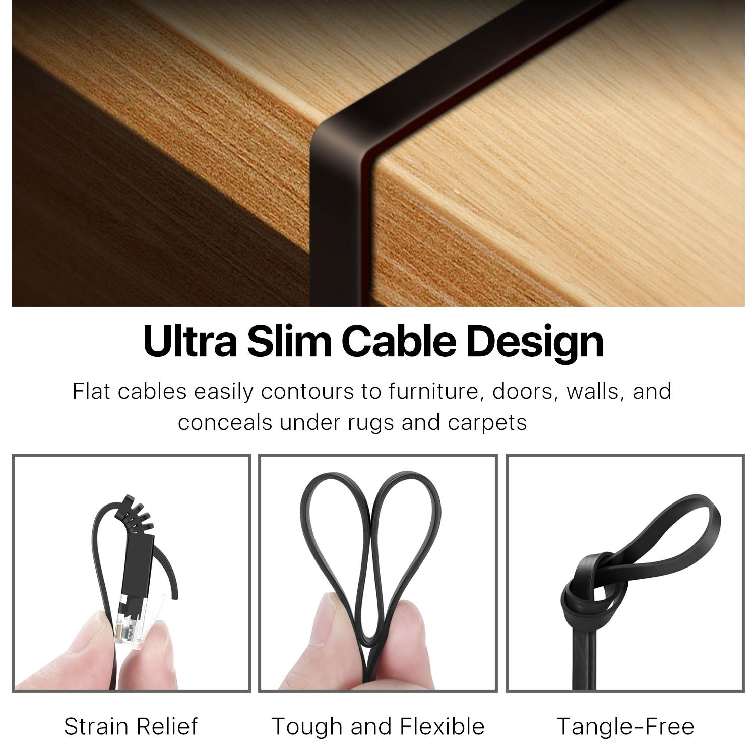 Cat6 Flat Ethernet Network Cable (50FT) - High Performance & Tangle Free with Premium UTP Twisted Pair RJ45 Snagless Connector Jack Computer LAN Internet Networking Patch Wire Cord Plug - Black