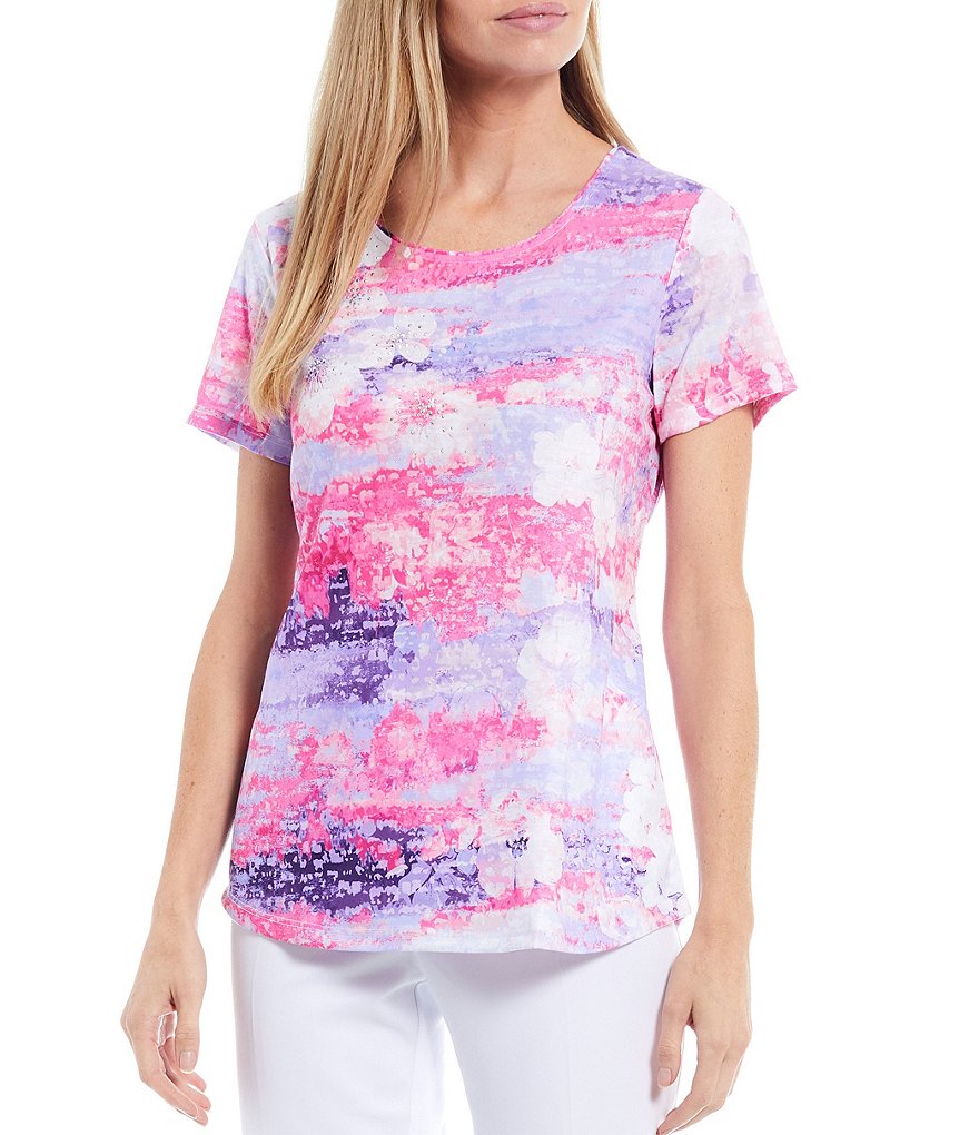 Allison Daley Tie Dye Floral Print Embellished Front Detail Crew Neck Short Sleeve Top