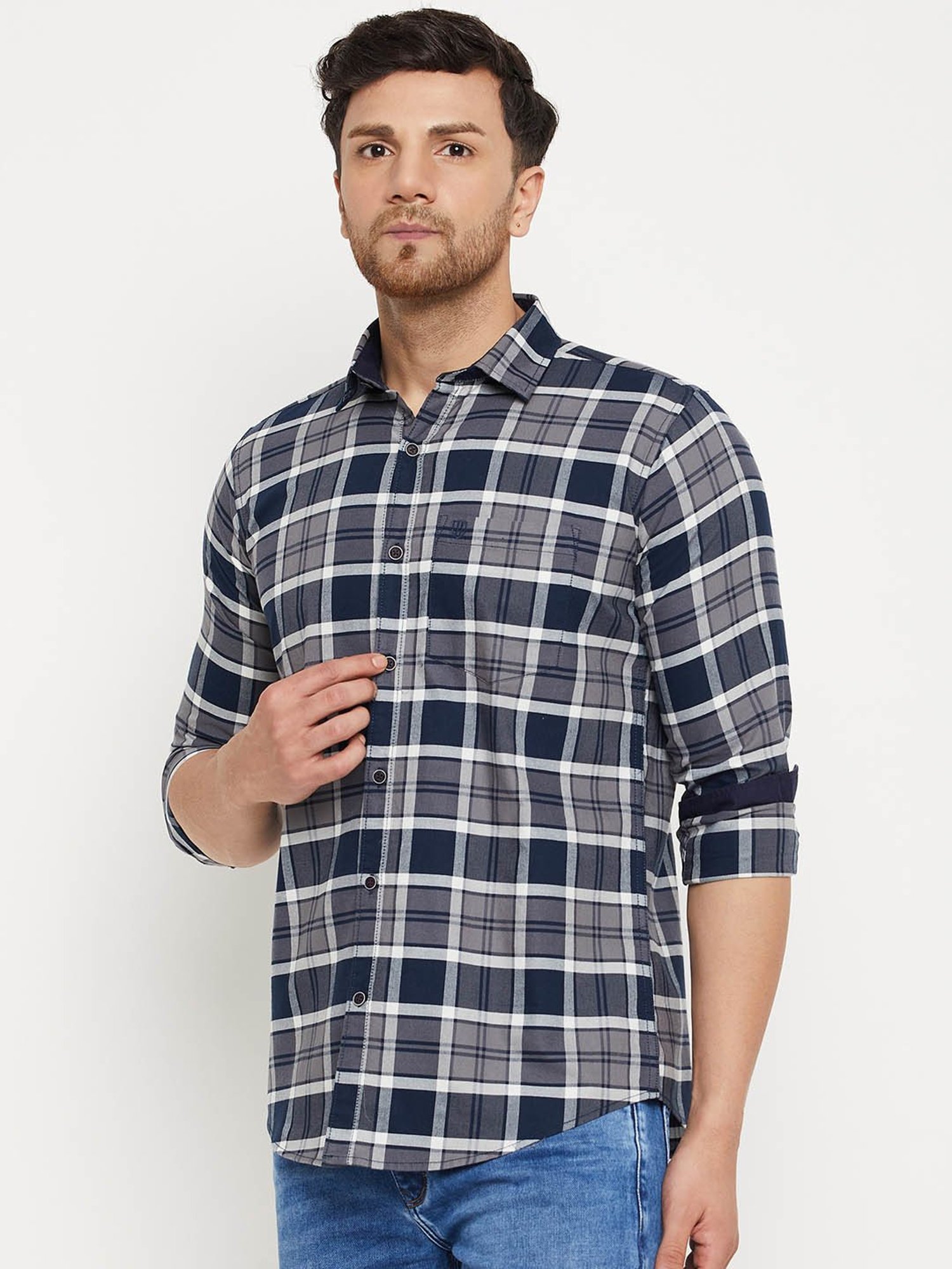 Duke Dark Grey Slim Fit Checks Shirt