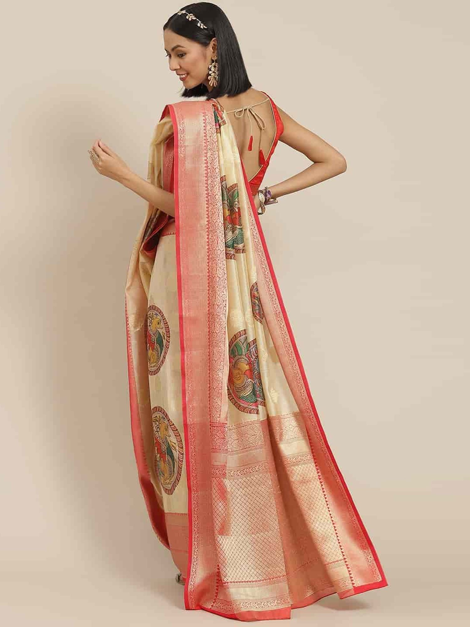 Silk Land Beige Silk Printed Saree With Unstitched Blouse