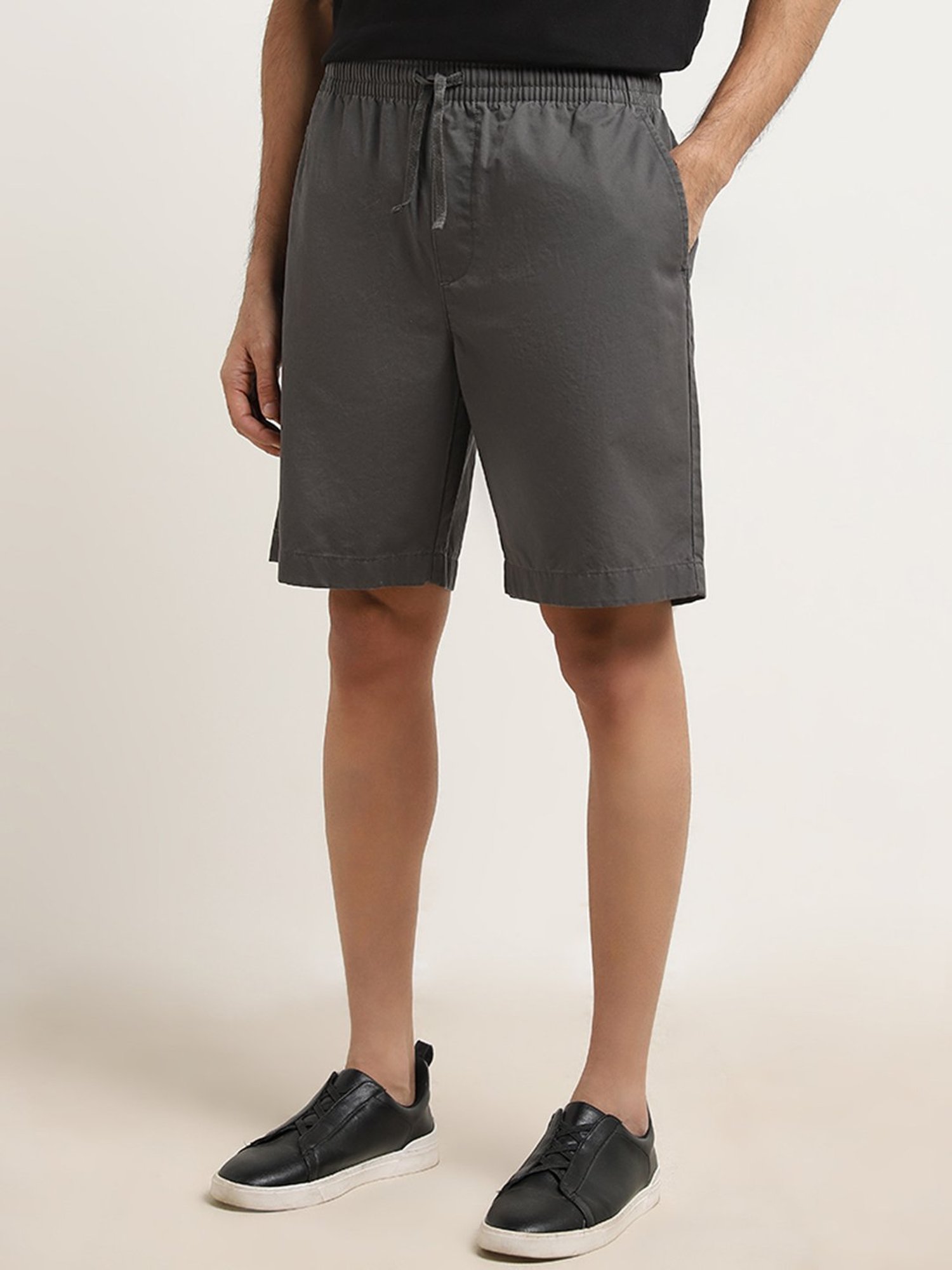 WES Lounge by Westside Dark Grey Mid-Rise Relaxed-Fit Cotton Shorts