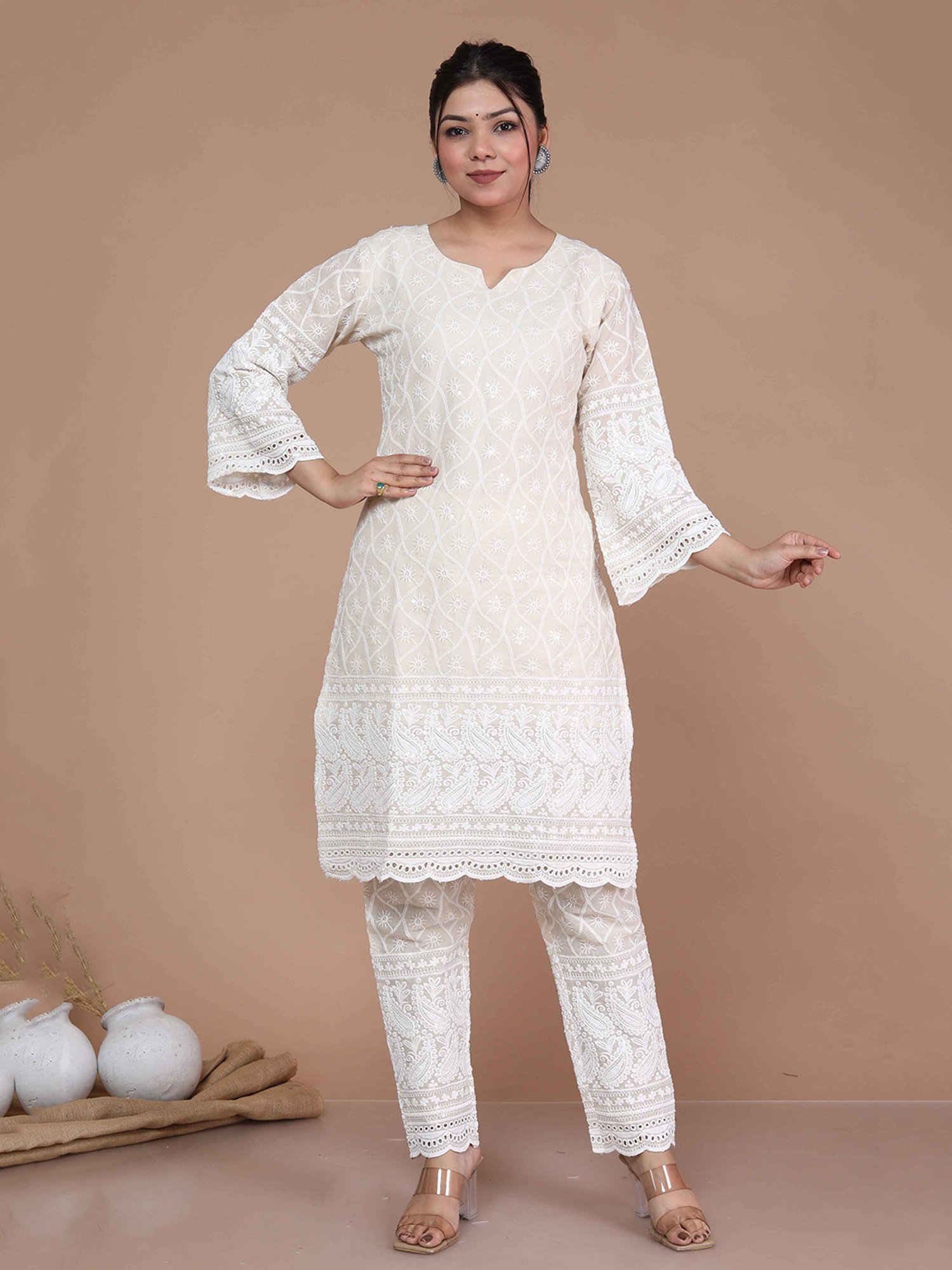 Miravan Beige Embroidered Kurta Pant Set