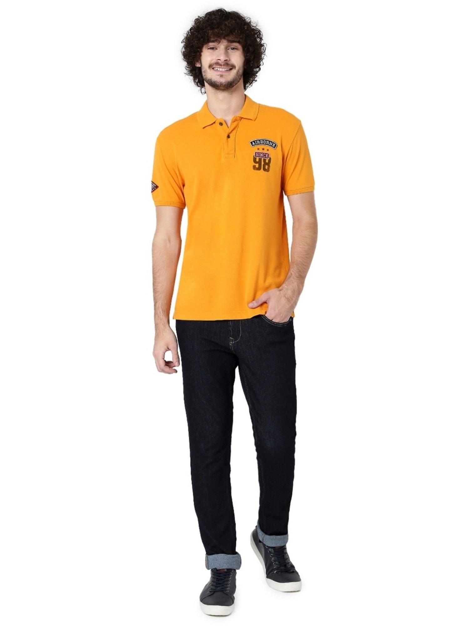 Mufti Yellow Cotton Slim Fit Polo T-Shirt