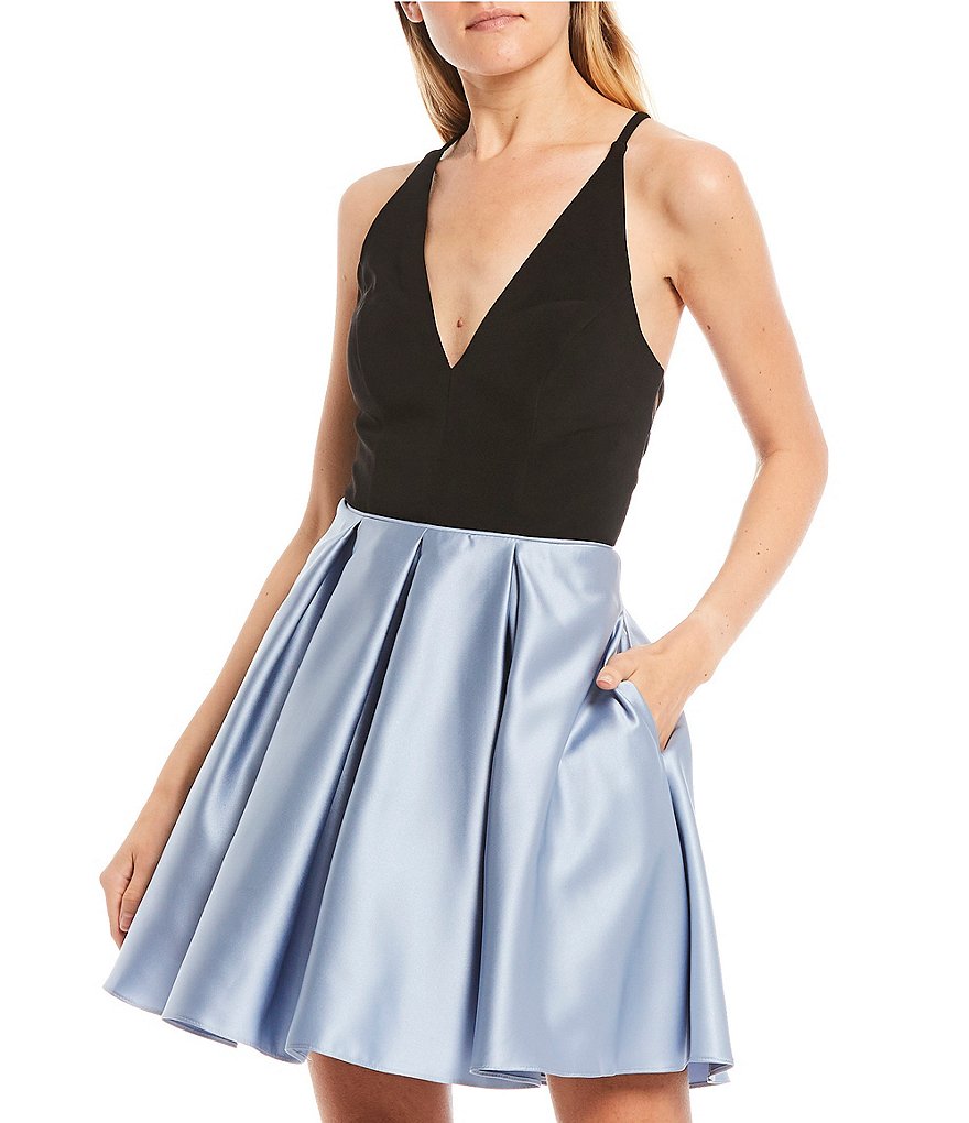 Blondie Nites Spaghetti Strap V-Neck Colorblock Fit-and-Flare Dress