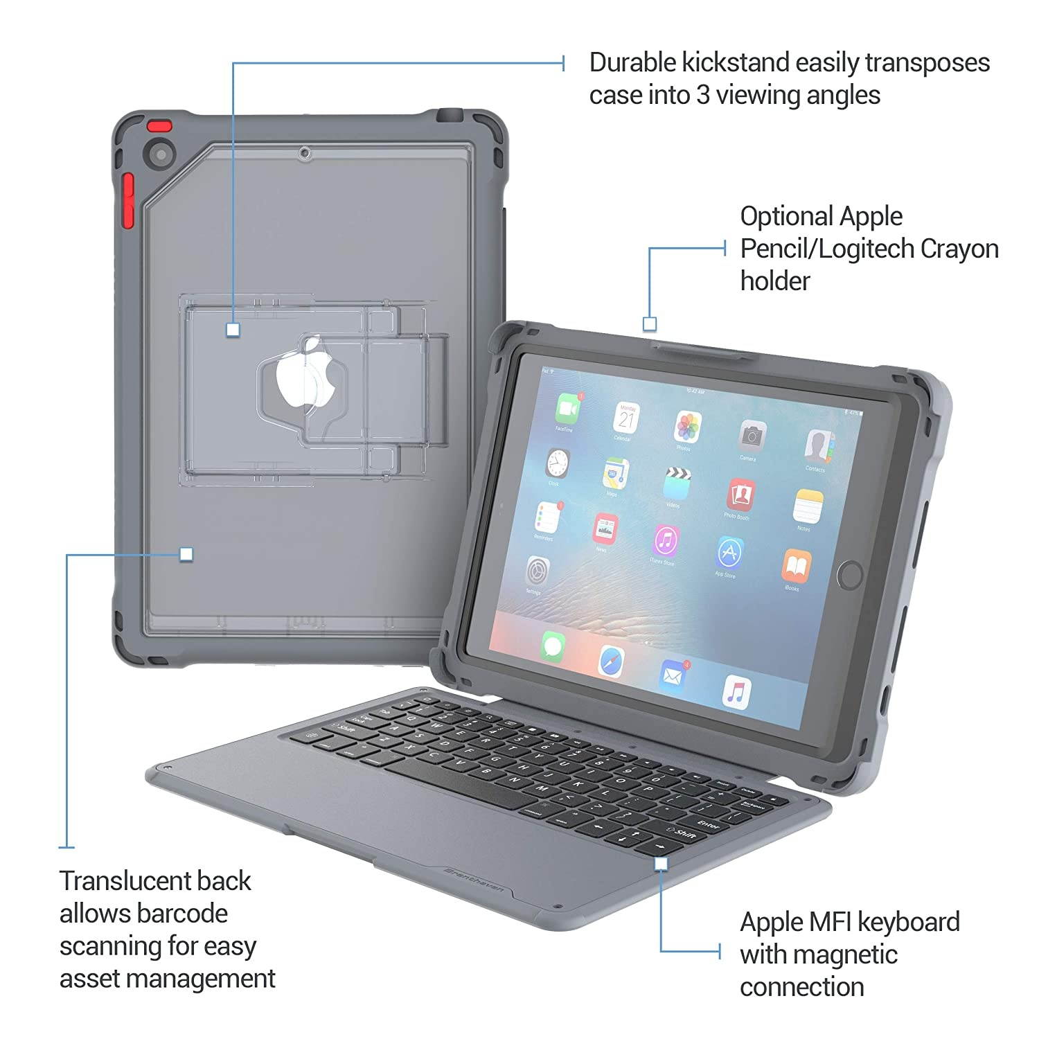 Brenthaven Edge Click-Connect Keyboard Case for Apple iPad 9.7 (5th Gen & 6th Gen) for School and Office Use - Durable, Rugged Protection with Keyboard and Stand