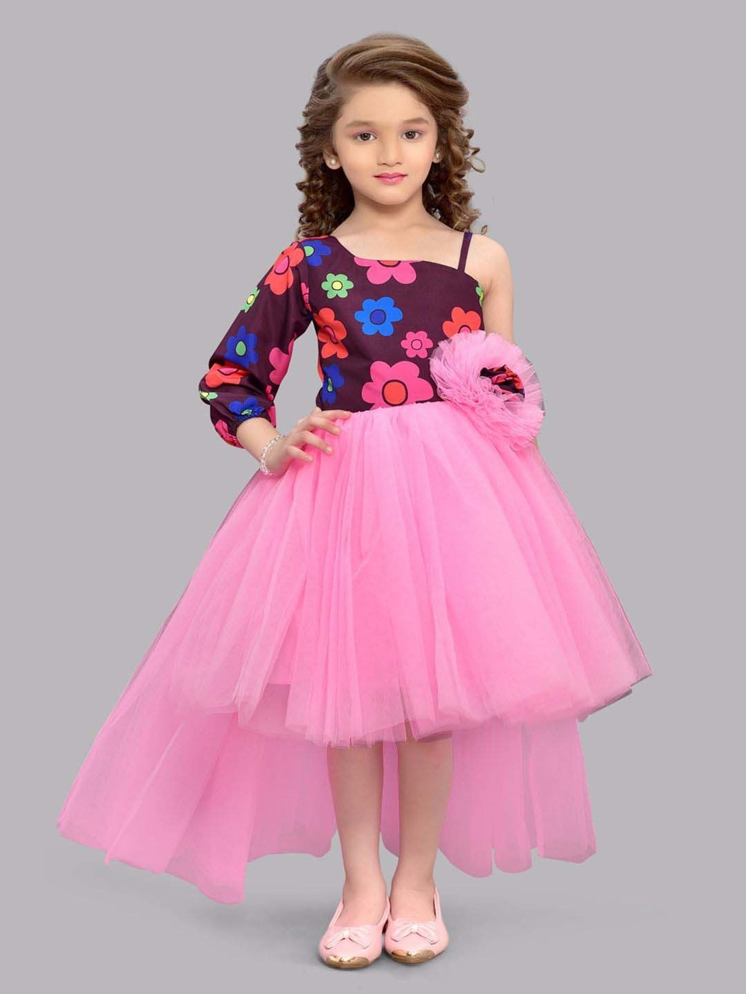 Pink Chick Kids Maroon & Pink Floral Party Gowns