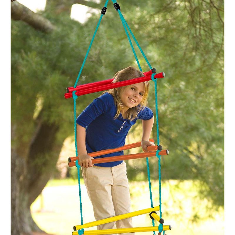 HearthSong Rainbow Triangle Weather-Resistant Kids' Rope Climbing Ladder with Colorful Metal Rungs and Nylon Rope