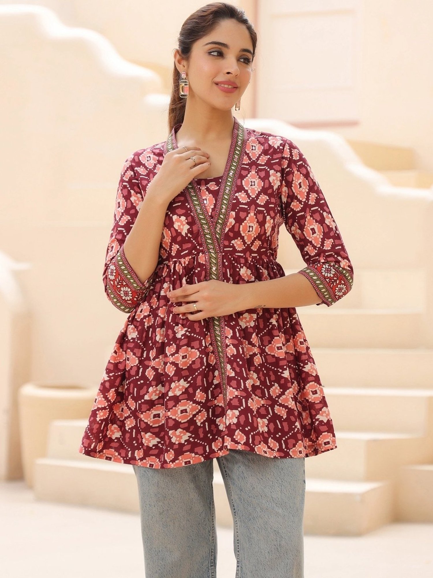 Rain and Rainbow Maroon Cotton Printed Top