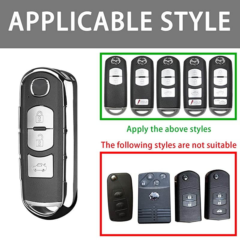Chrome Silver TPU Car Key Fob Cover Case for Mazda 2 3 5 6 8 CX3 CX5 CX7 CX9 MX5 Smart Remote Key Protective Shell with Key Chain Silver