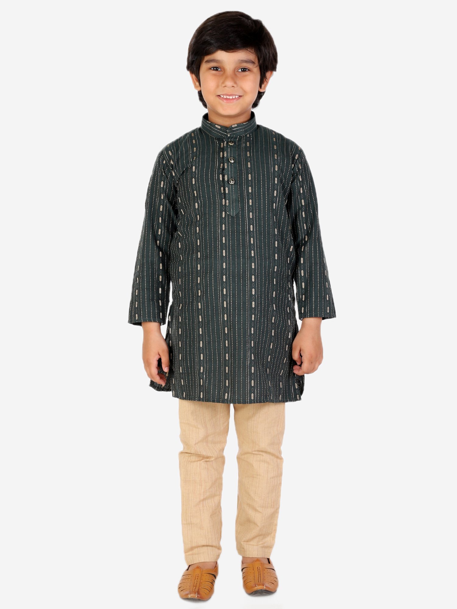 Pro-Ethic Style Developer Kids Green & Beige Printed Full Sleeves Kurta with Pyjamas