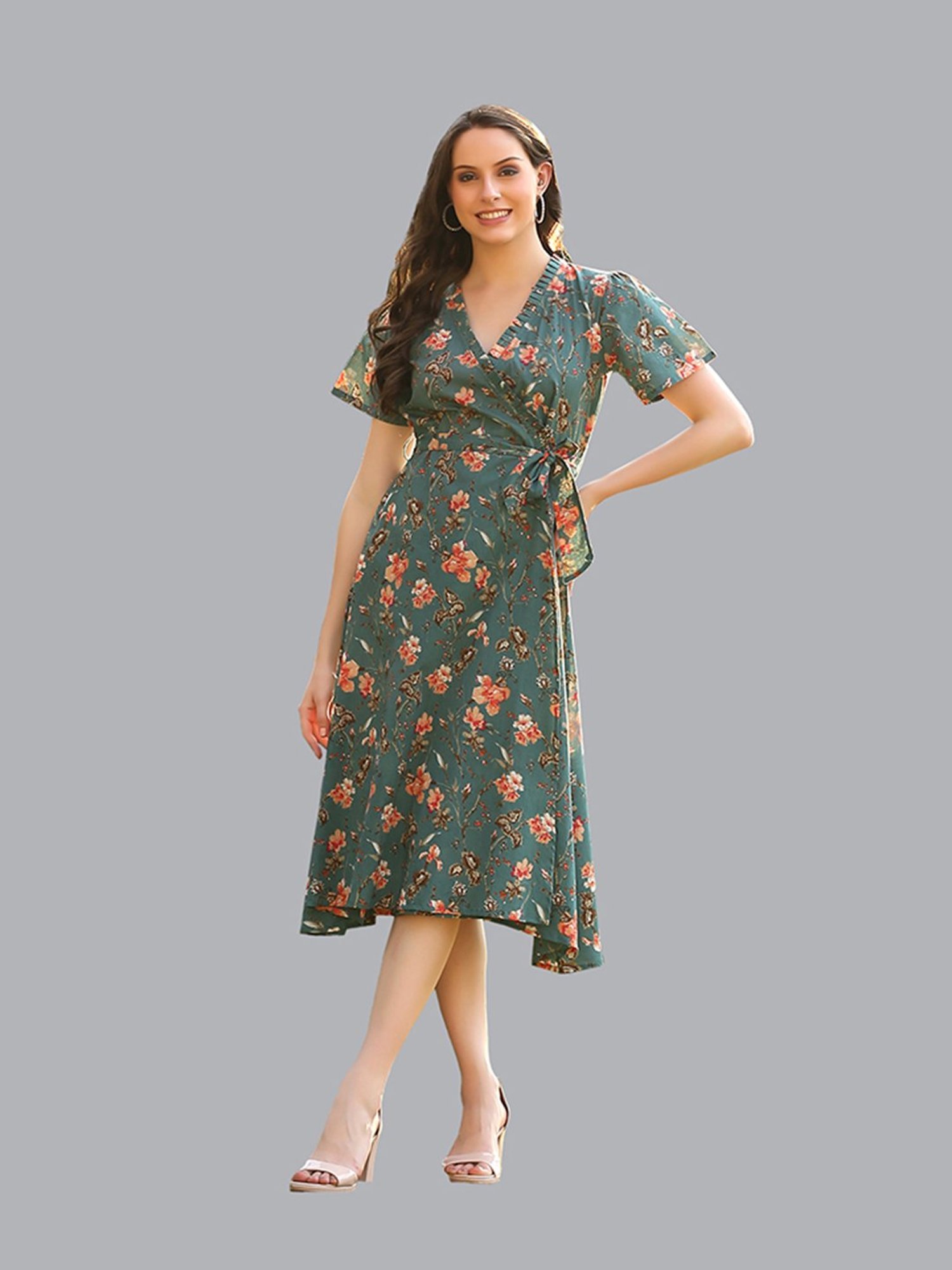 DECKEDUP Teal Cotton Floral Print Wrap Dress