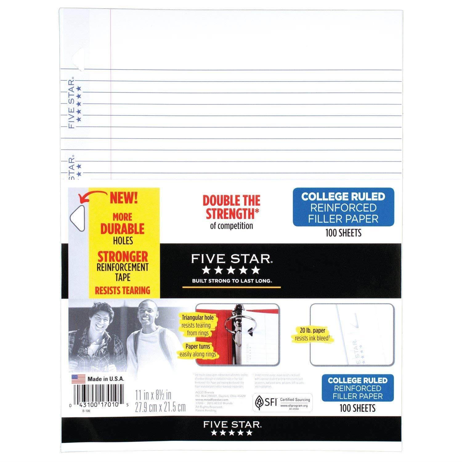 Five Star Loose Leaf Paper, 3 Hole Punched, Reinforced Filler Paper, College Ruled, 11" x 8-1/2", 100 Sheets/Pack, 12 Pack (72855)