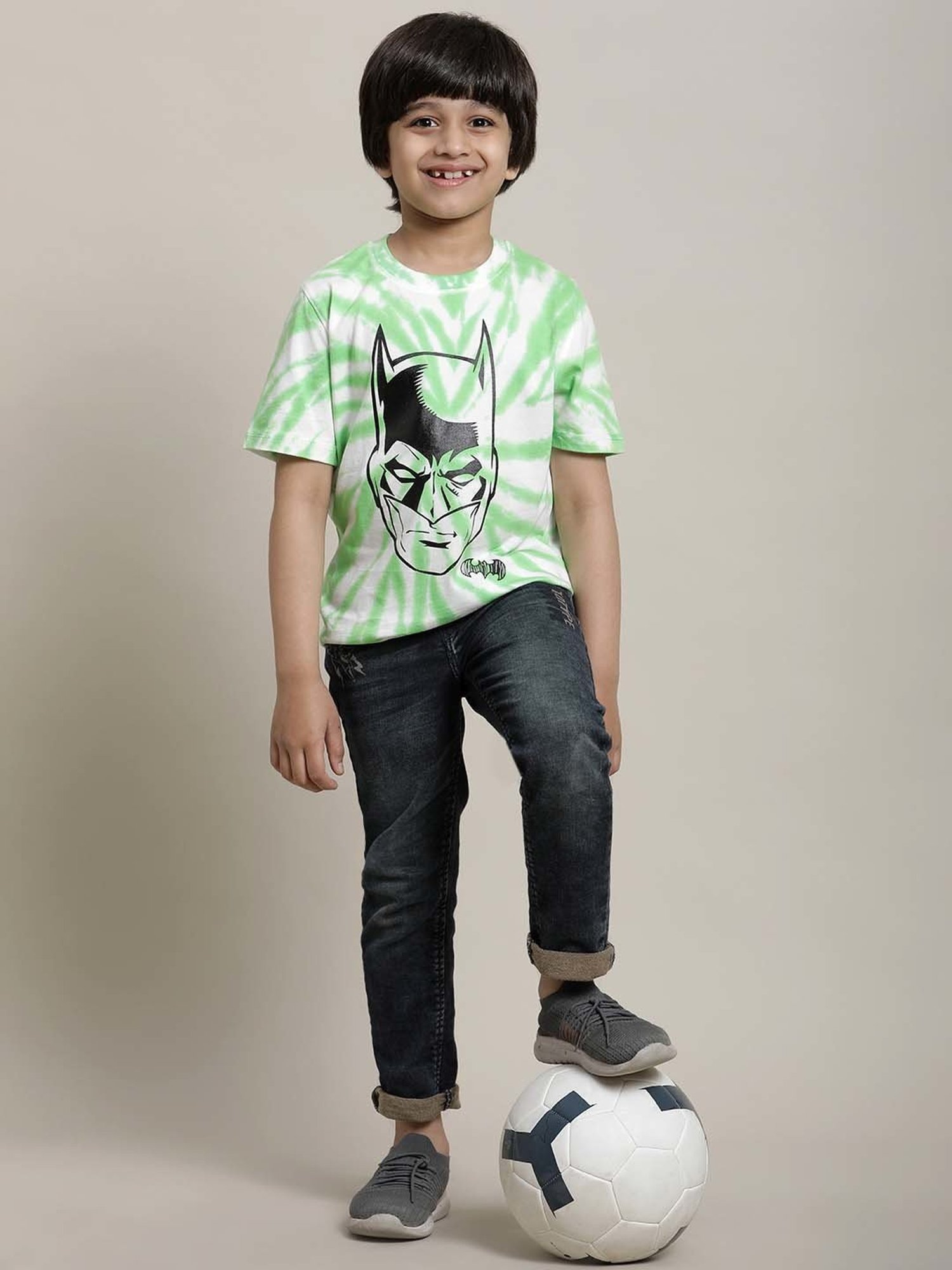 Kidsville Green & White Cotton Printed Batman T-Shirt