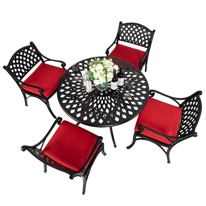 5pc Cast Aluminum Dining Set with Red Cushions - Nuu Garden