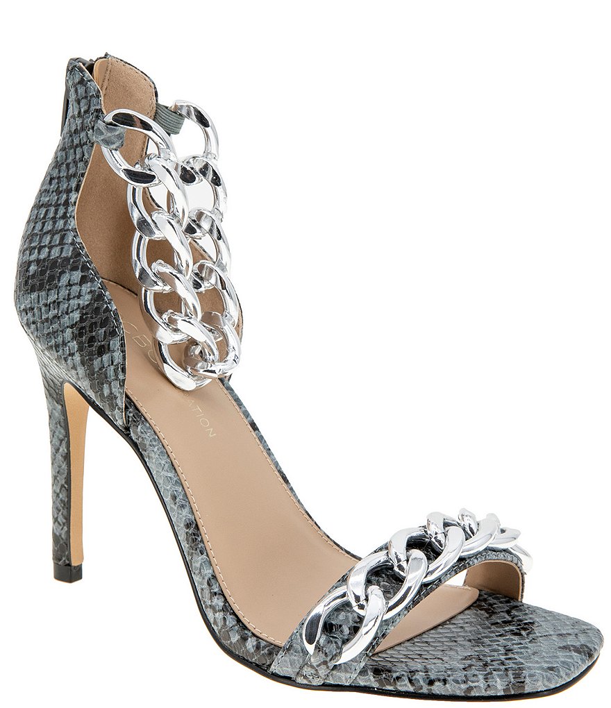 BCBGeneration Isinna Snake Print Chain Straps Square Toe Dress Sandals