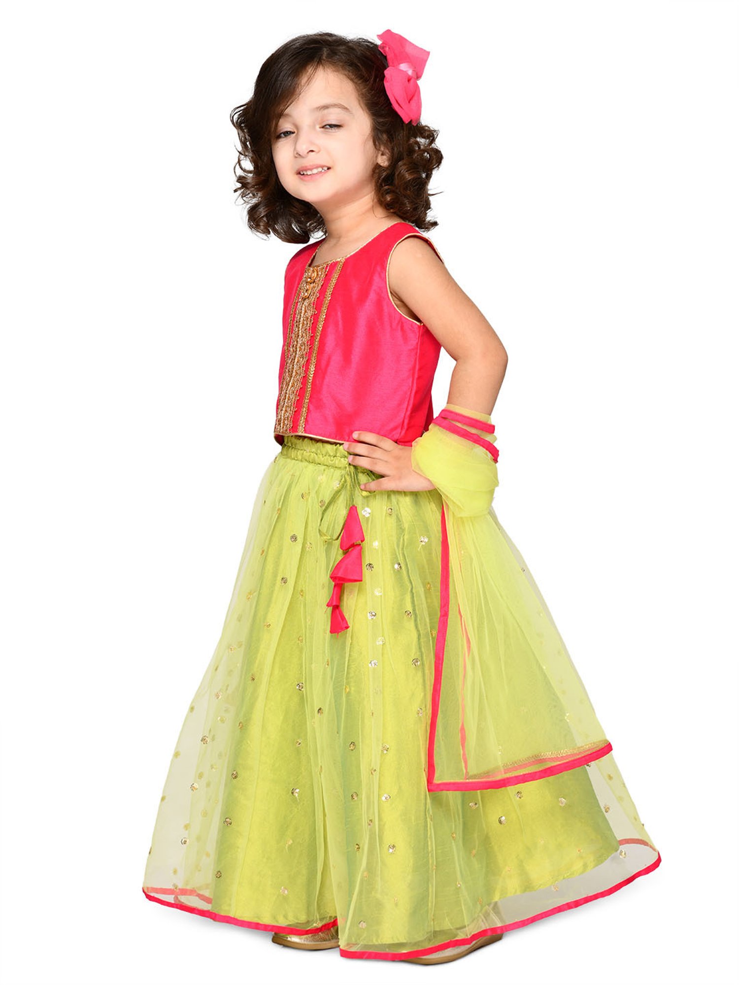 Saka Designs Kids Magenta & Neon Green Embellished Lehenga with Choli & Dupatta