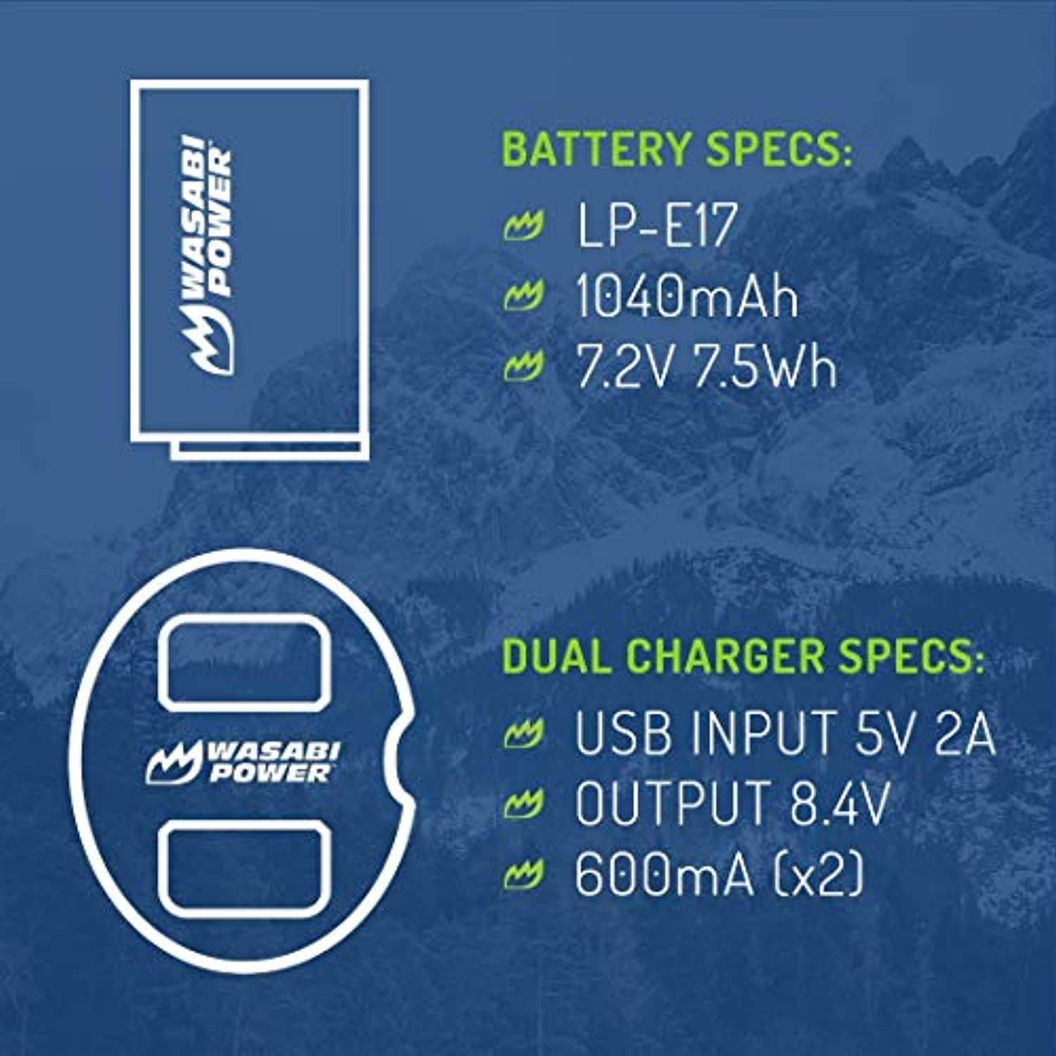 Wasabi Power LP-E17 Battery (2-Pack) and Dual USB Charger for Canon EOS 77D, EOS 750D, EOS 760D, EOS 8000D, EOS M3, EOS M5, EOS M6, EOS Rebel T6i, EOS Rebel T6s, EOS Rebel T7i, Kiss  (KIT-BB-LPE17-01)