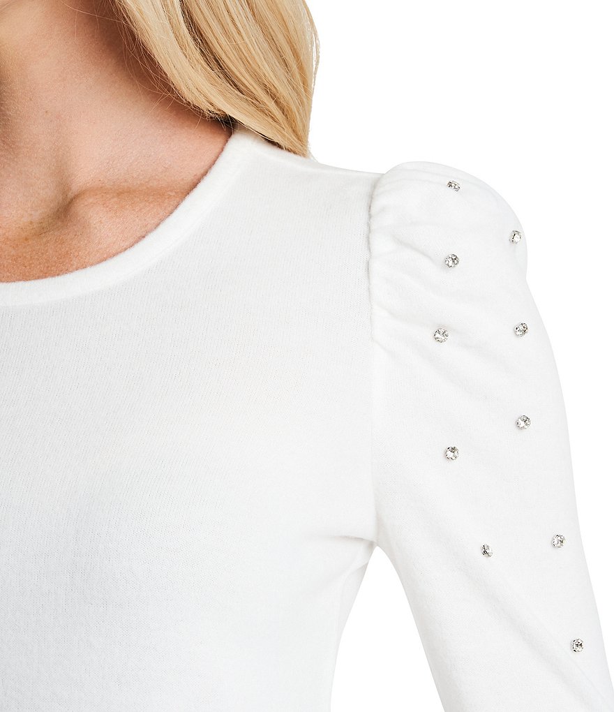 CeCe Long Sleeve Rhinestoned Puff Shoulder Knit Top