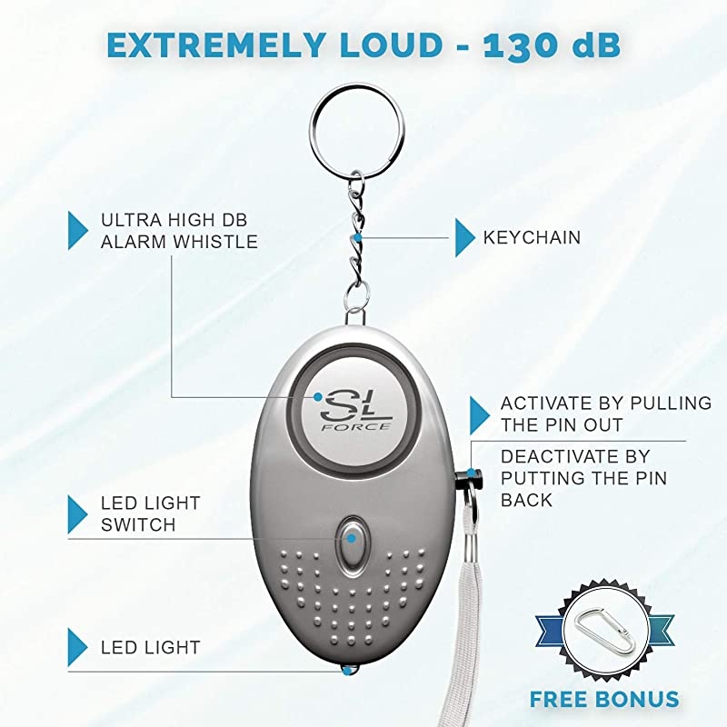 Alarm Siren Song 130dB Safesound Alarms for Women Keychain with LED Light Emergency Self Defense for Kids Elderly Security Sound Whistle Safety Siren Silver