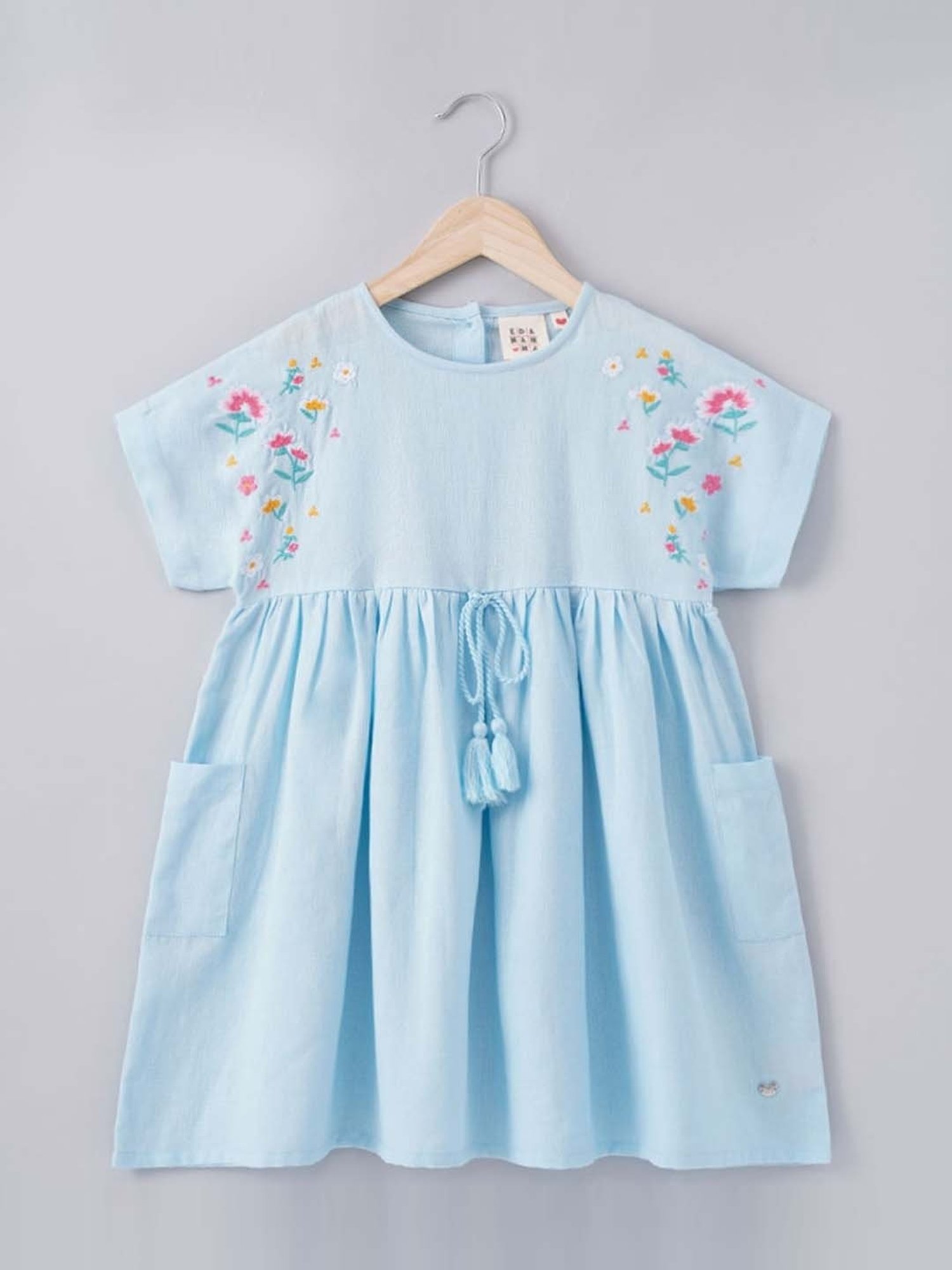 Ed-a-Mamma Kids Blue Cotton Embroidered Dress