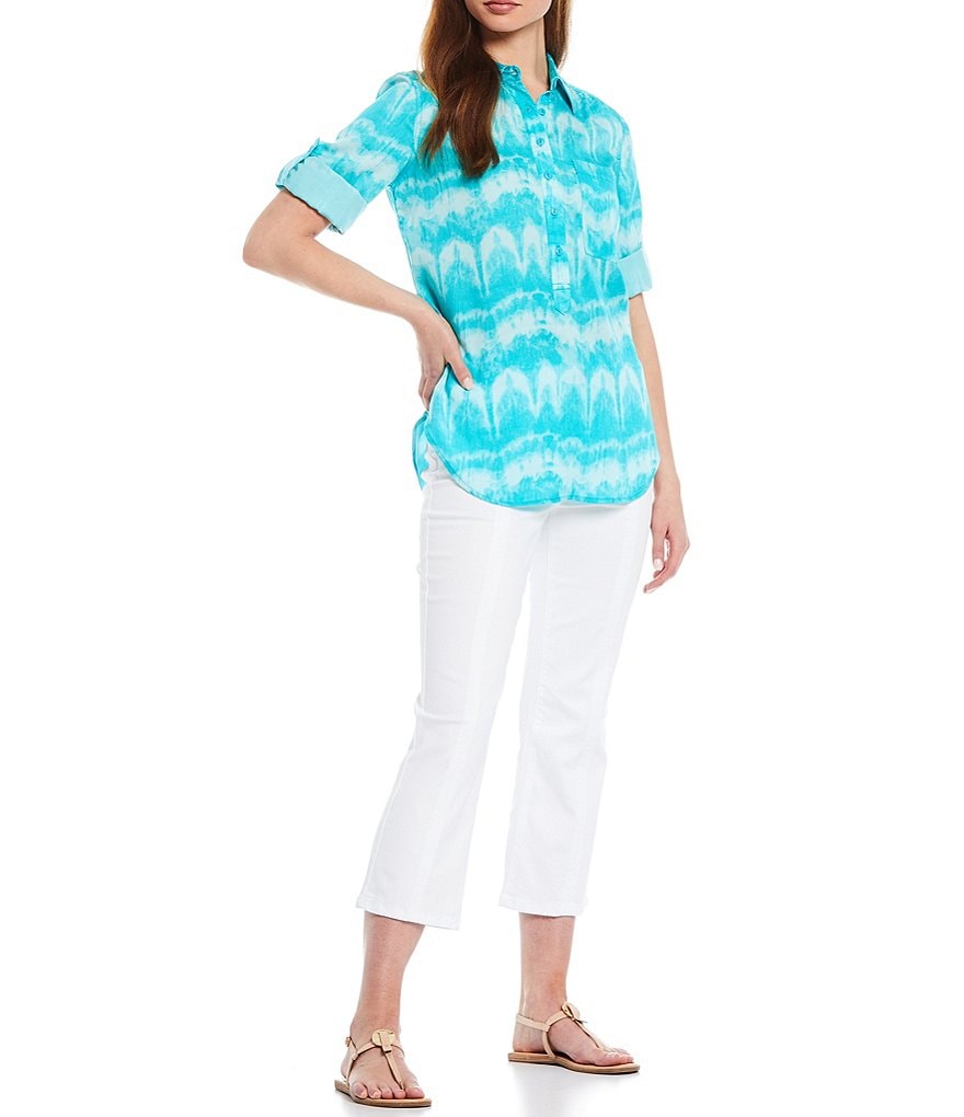 Intro Tie Dye Print 1/2 Button Front Placket Roll-Tab Sleeve Hi-Low Tunic