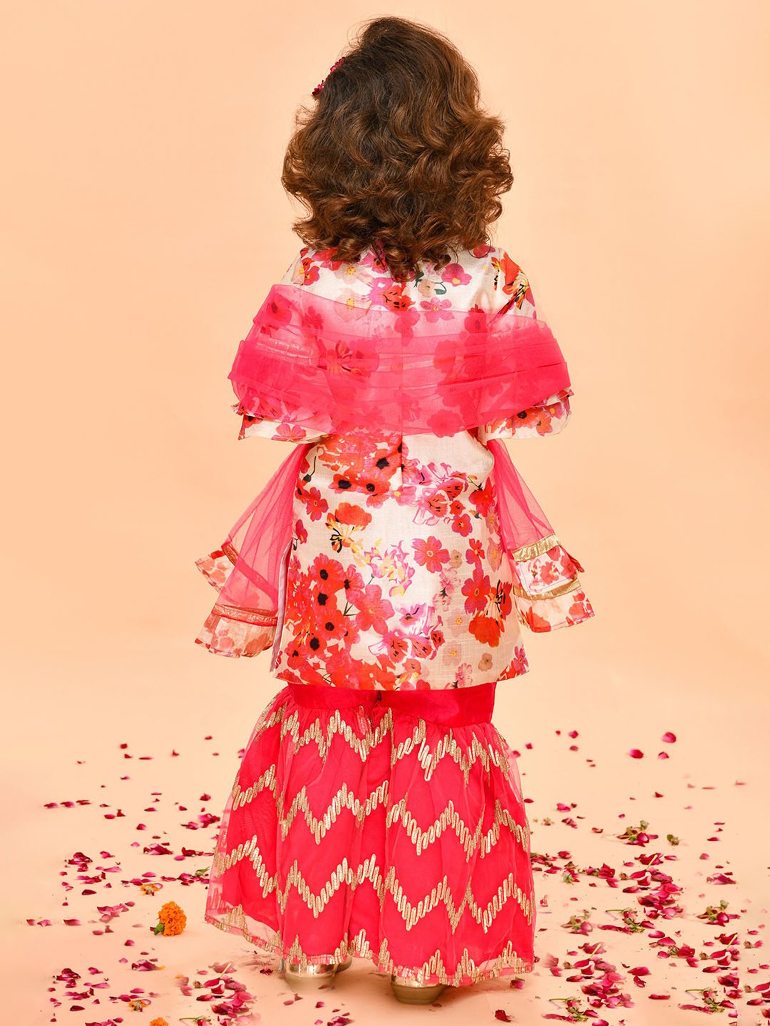 Saka Designs Kids Pink & Ivory Floral Print Kurta with Sharara & Dupatta