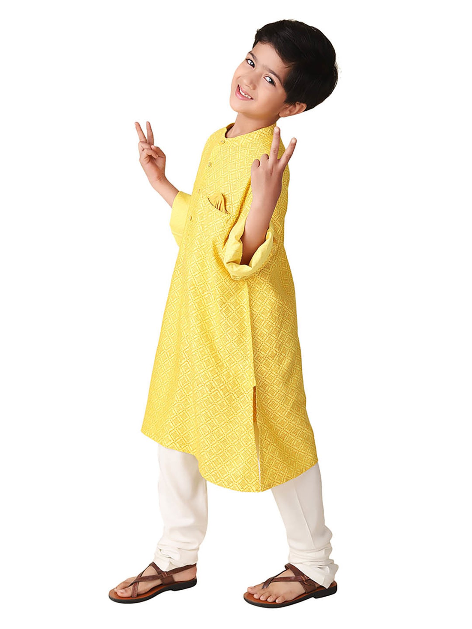 Fabindia Kids Yellow Printed Full Sleeves Kurta