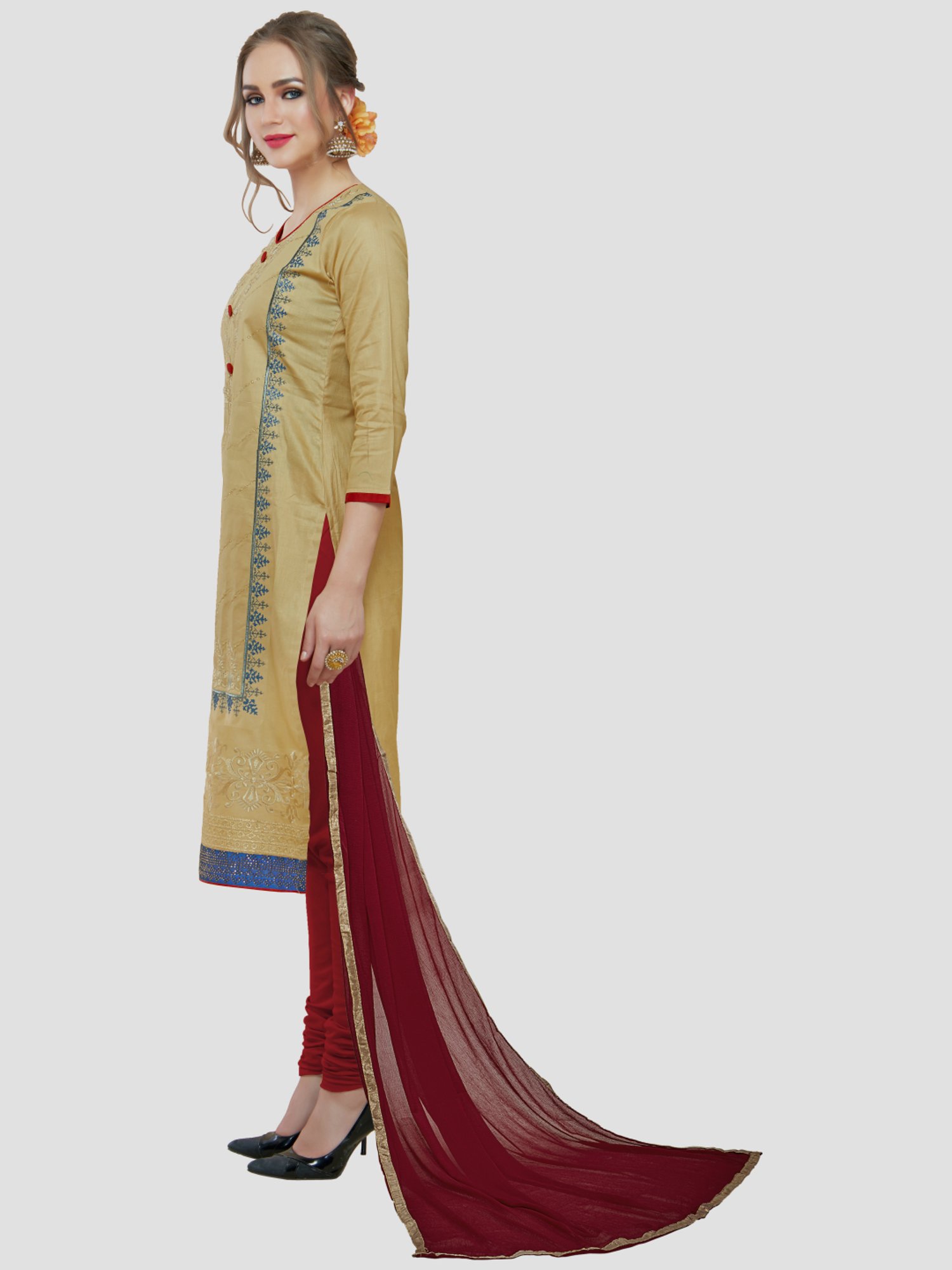 Saree Mall Beige & Maroon Embroidered Dress Material