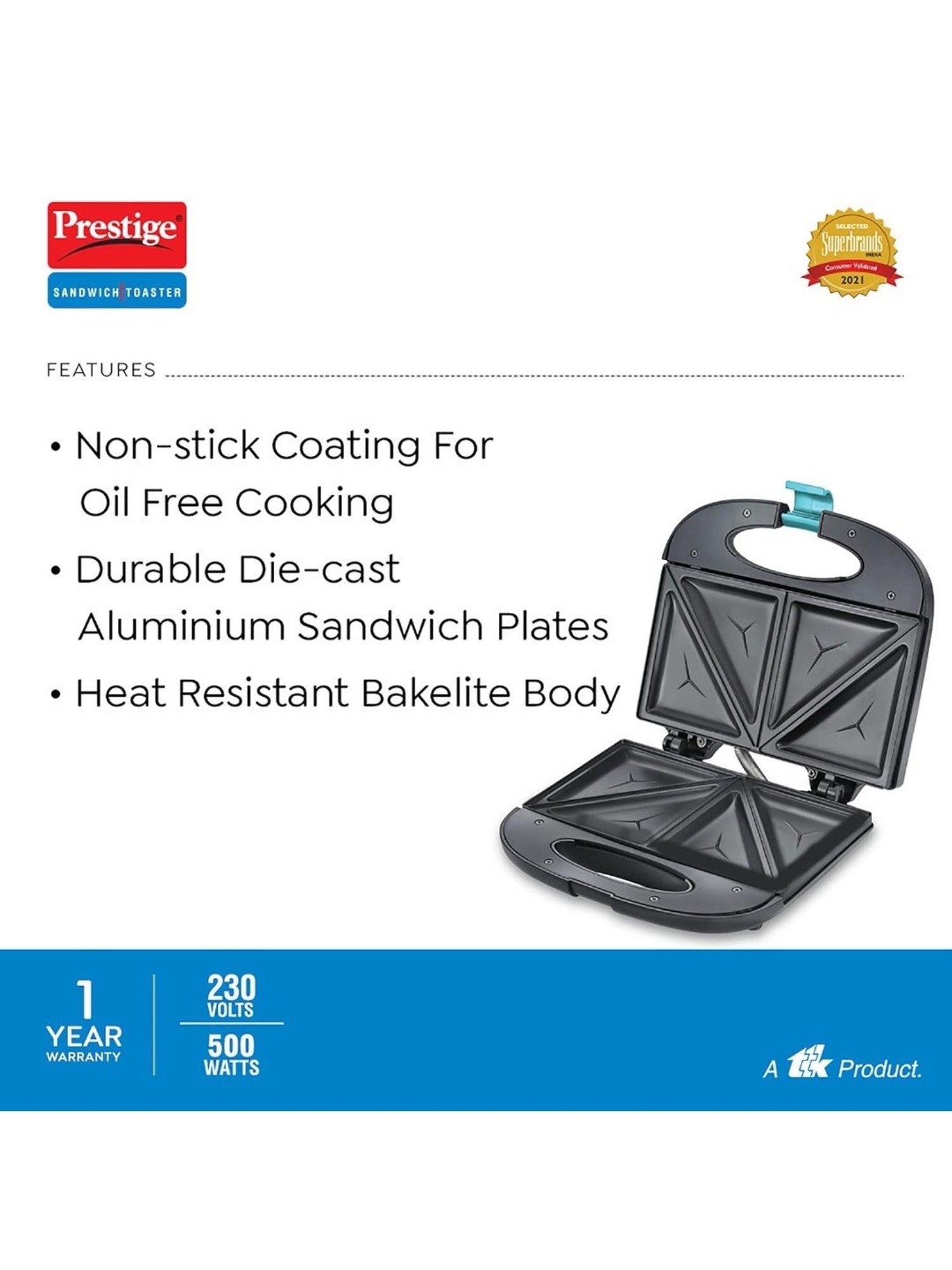 Borosil Sandwich Maker 2000W with Non stick coating (Black)