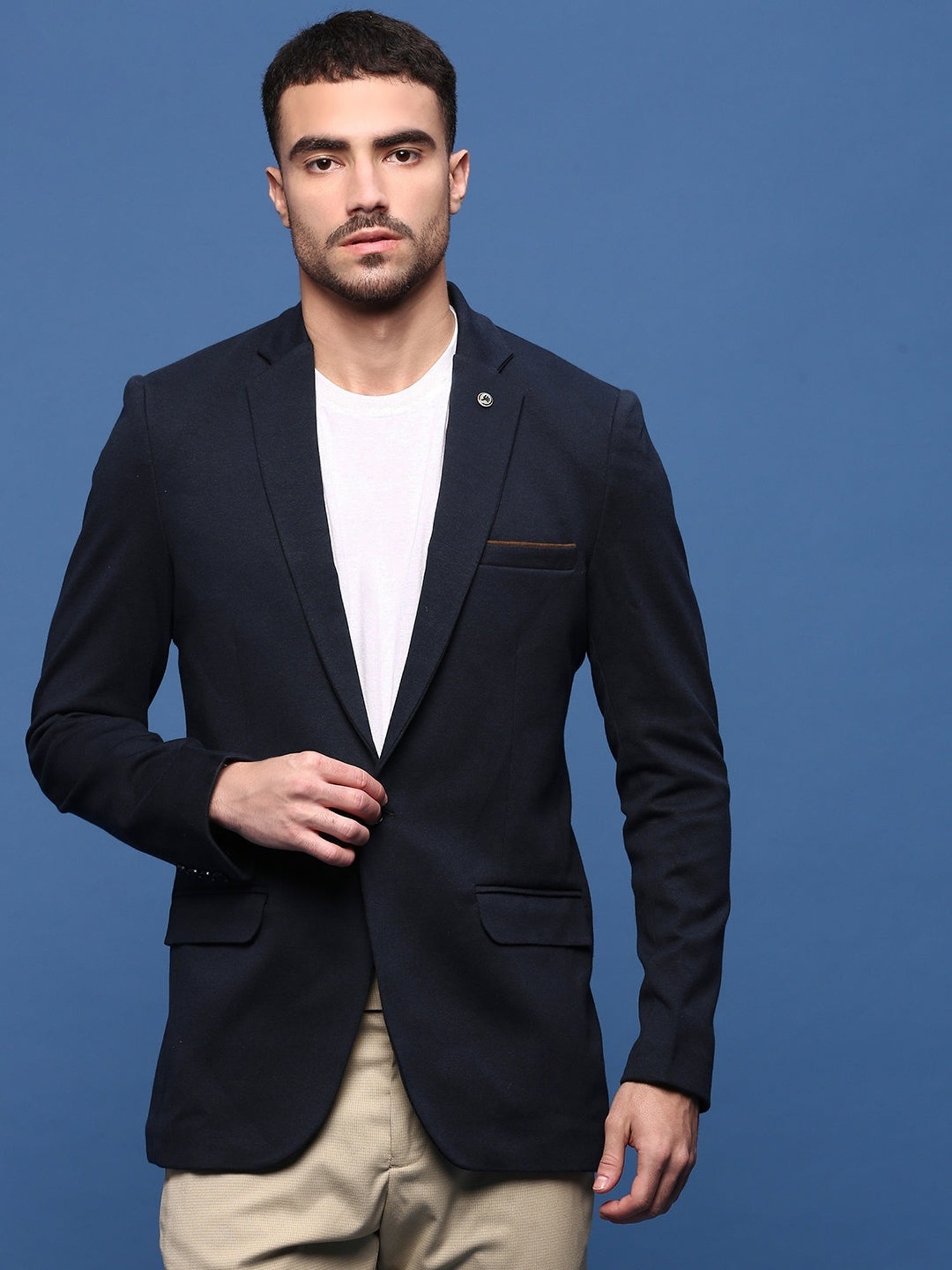 Showoff Navy Blue Cotton Slim Fit Blazer