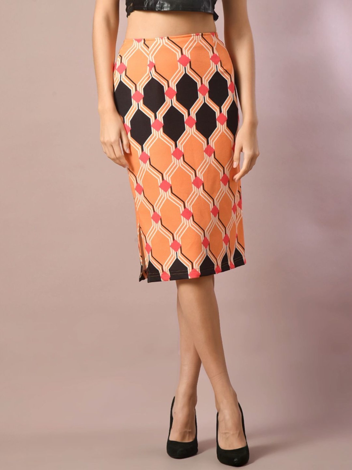 Myshka Orange Printed Bodycon Skirt