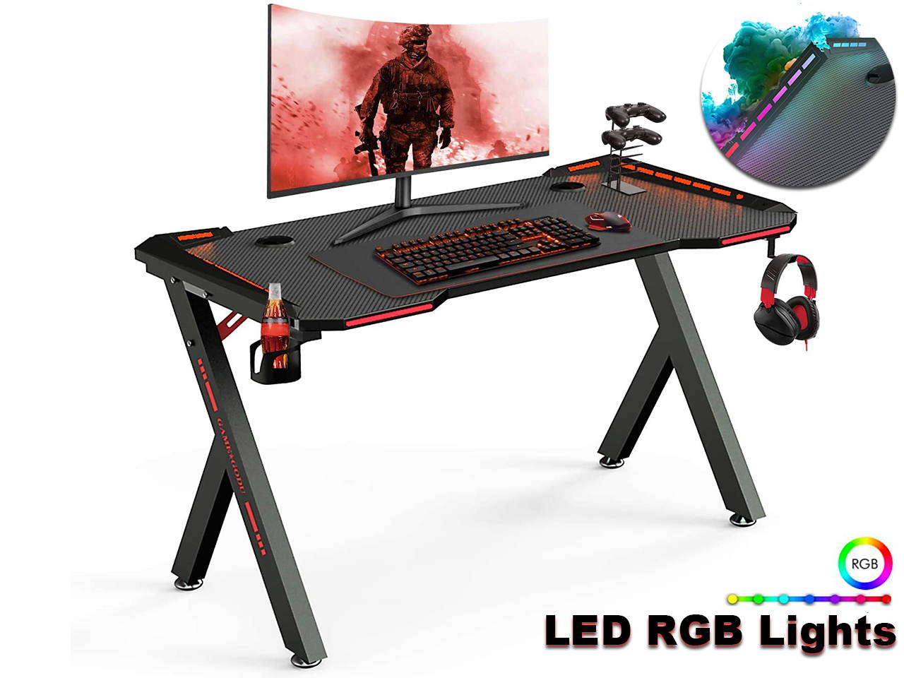 Gaming Desk, 55 Inch Gaming Table, PC Computer Workstation with LED RGB Lights, Headphone Hook and Cup Holder for Home, Black