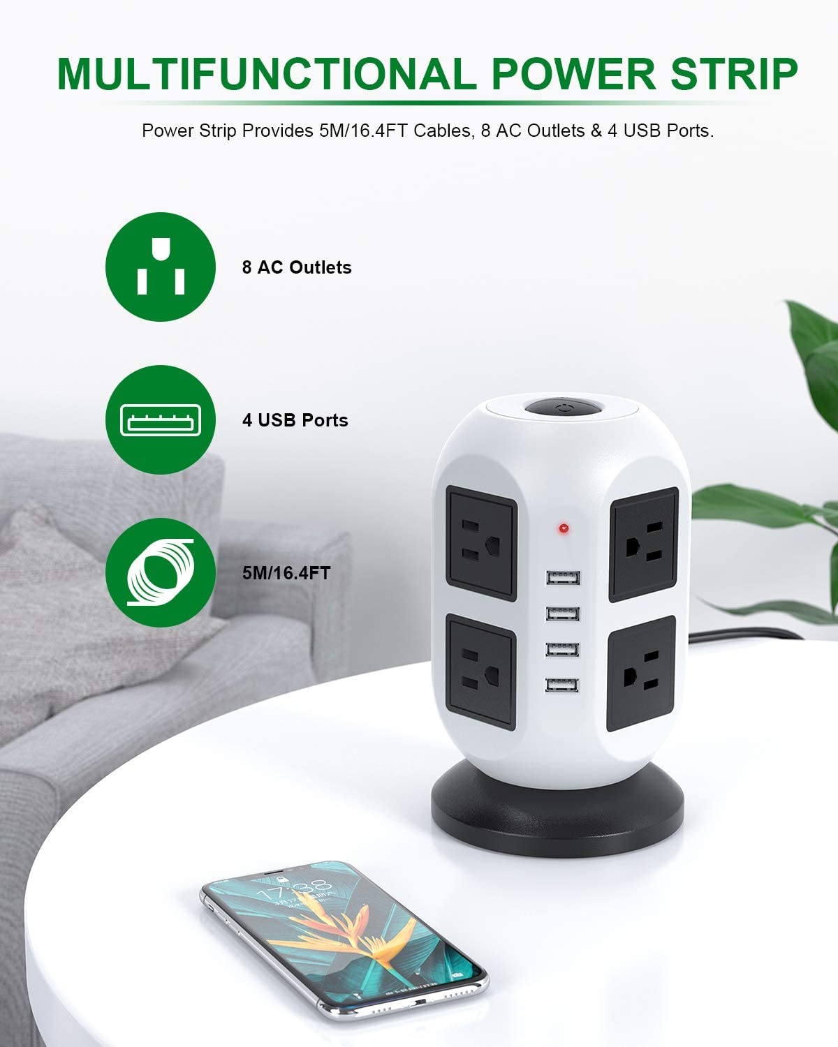 Power Strip Tower Surge Protector - 5M/16.4FT Surge Protector Power Strip with USB, Power Strip with Surge Protection with 8 AC Outlets & 4 USB Ports, Overload Protection, Short Circuit Protection.