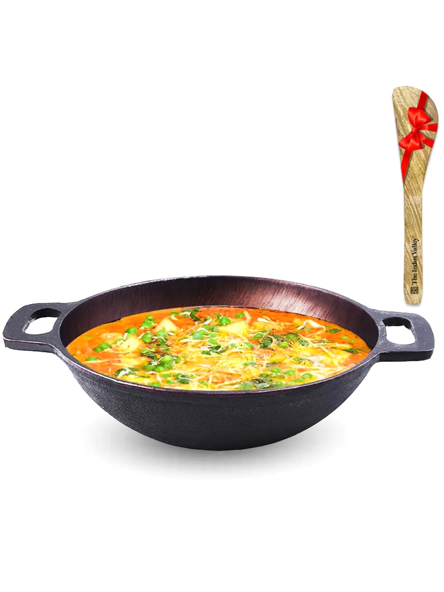 The Indus Valley Black Cast Iron Kadai with Free Wooden Flip (25.4cm,2.5L)