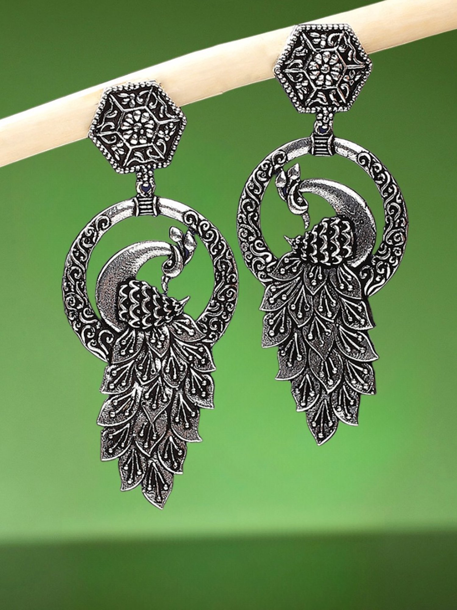 OOMPH Silver Oxidized Silver Look Alike Peacock Shape Ethnic Dangler Earrings