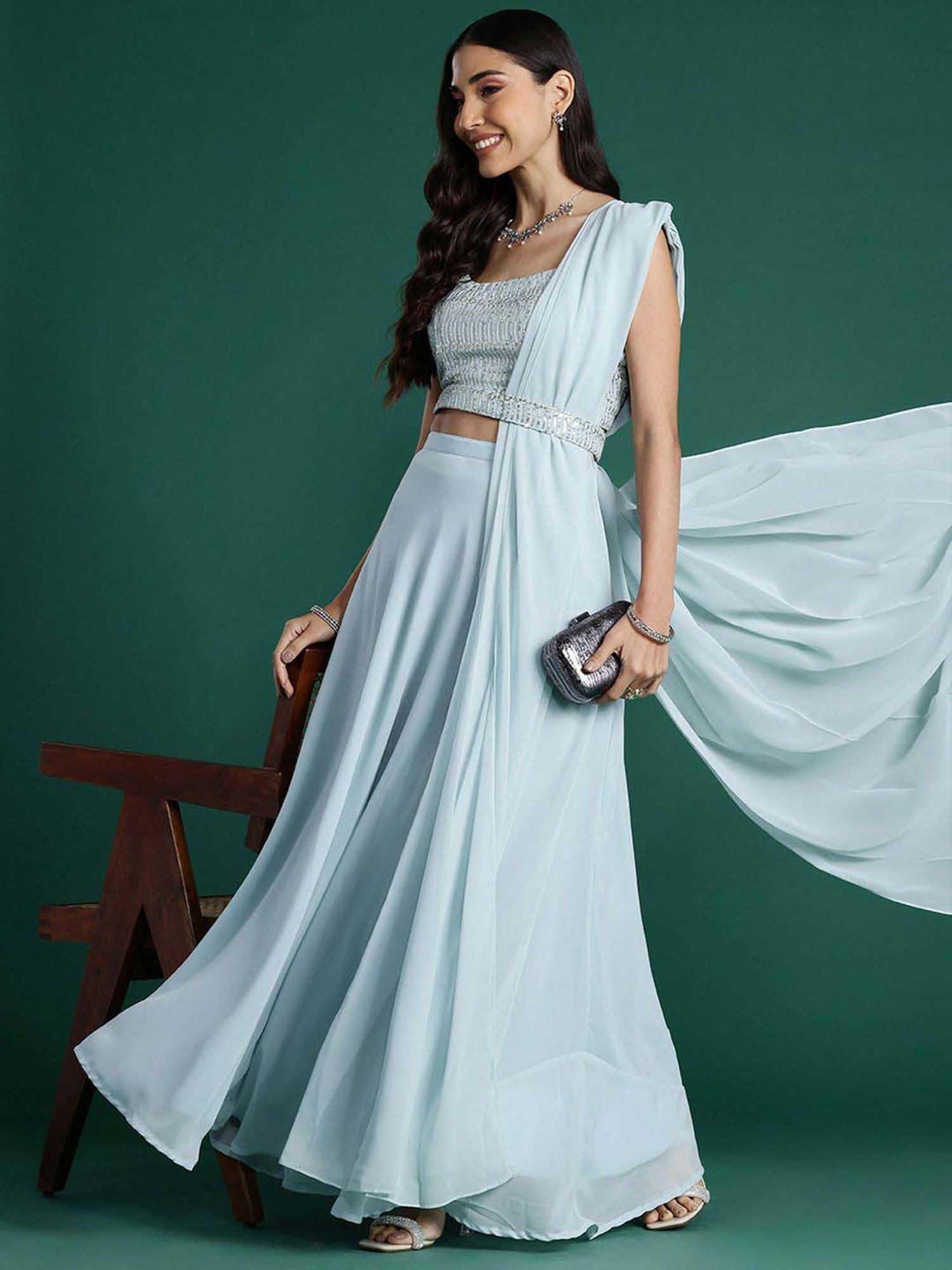 Indo Era Blue Plain Lehenga Choli Set With Dupatta & Belt