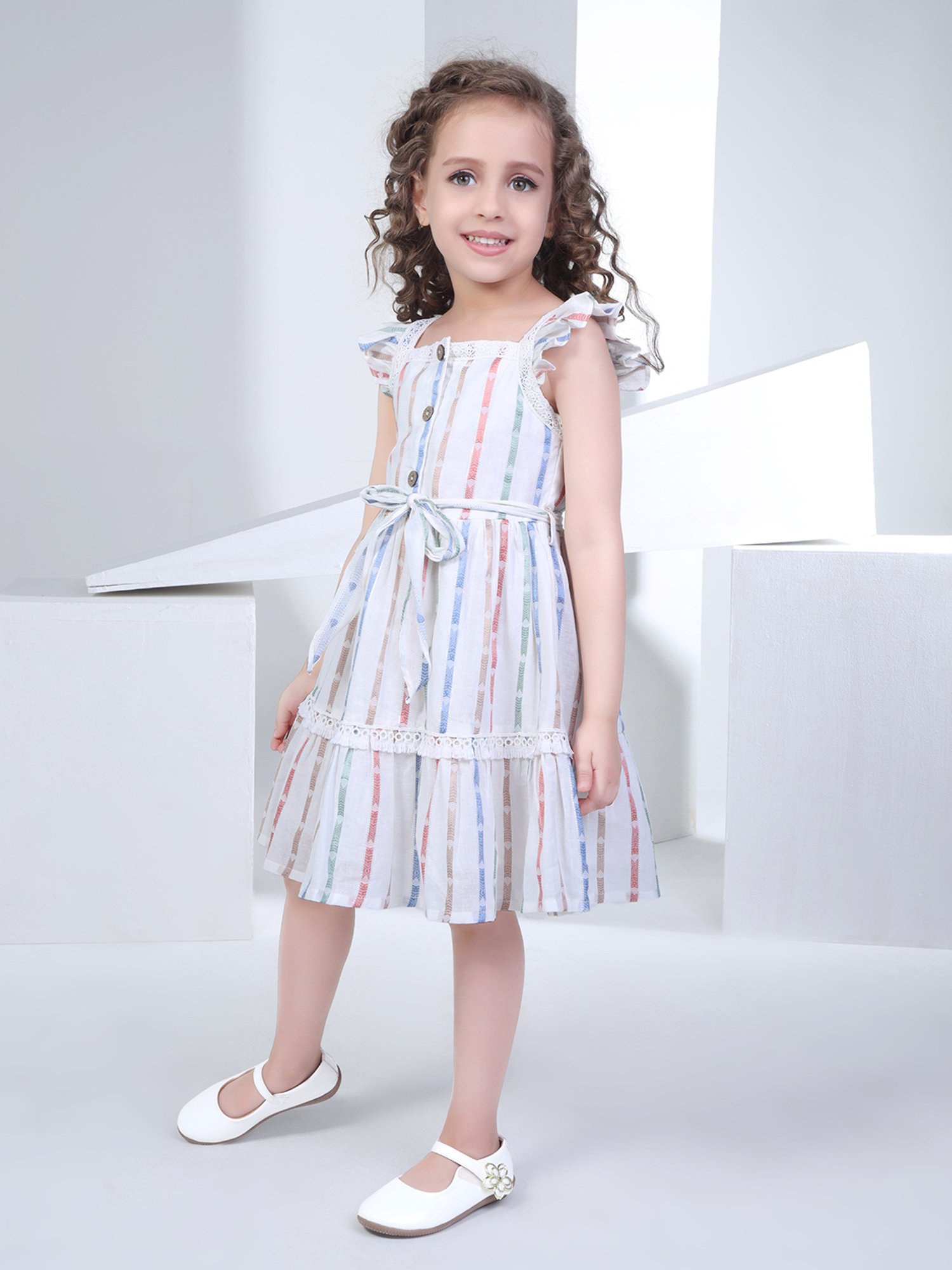 Peppermint Kids Beige Striped Dress